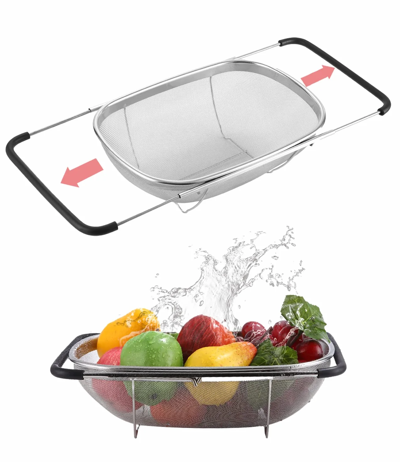 Jissta scolapasta da lavello, 6 litri con cestello a setaccio fine espandibile, pieghevole per filtrare,scolare e lavare frutta