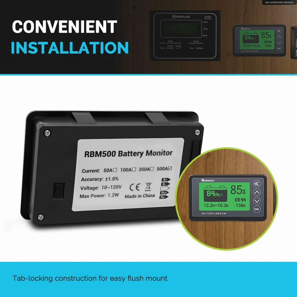 Renogy Batteria 500 A 12 V/24 V/36/48 V, monitor batteria ad alta precisione con allarme programmabile per alta tensione e bassa, compatibile con LiFPO4, AGM, sigillato, gel, batterie bagnate per