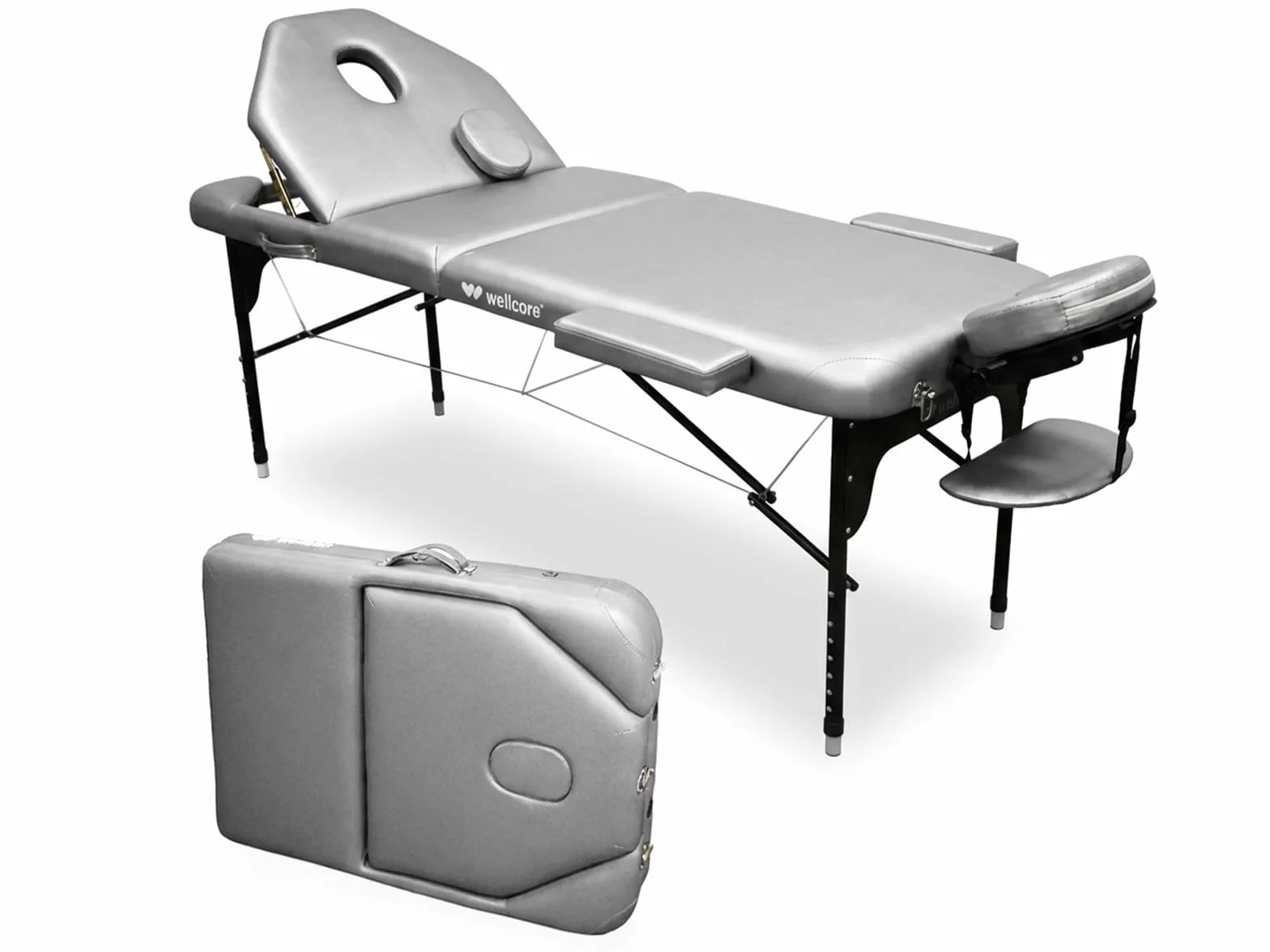 WELLCORE - Barella pieghevole in alluminio, con schienale ribaltabile, 185 x 65 cm, ecopelle, altezza regolabile, testa articolata, foro facciale, colore argento, zaino da trasporto, fino a 225 kg