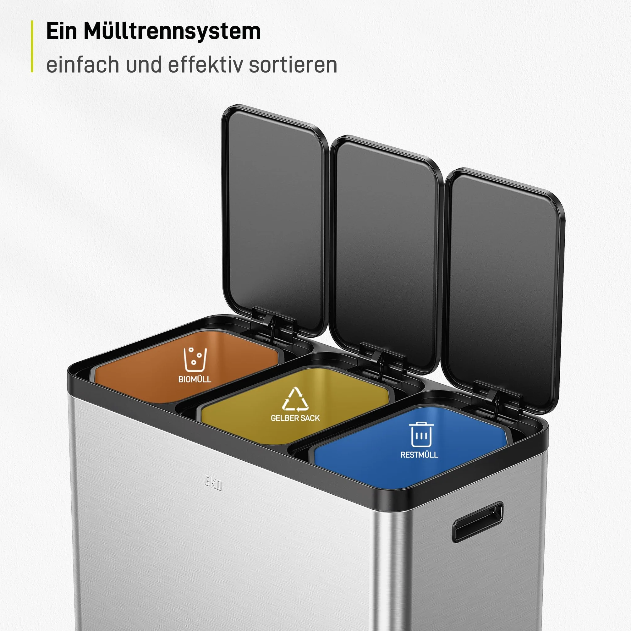 EKO Essential - Pattumiera a 3 scomparti, 3 x 20 litri, sistema di raccolta differenziata, con 20 sacchi della spazzatura, con coperchio, chiusura delicata e ermetica, in acciaio inox spazzolato