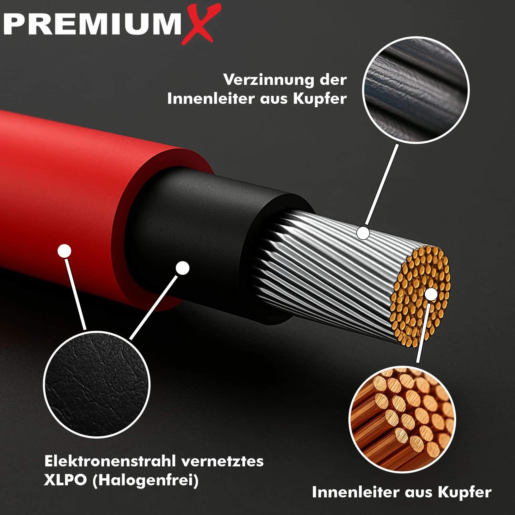 Cavo Solare 50m 6mm² H1Z2Z2-K 1500V CC Rame stagnata Resistente UV Rosso