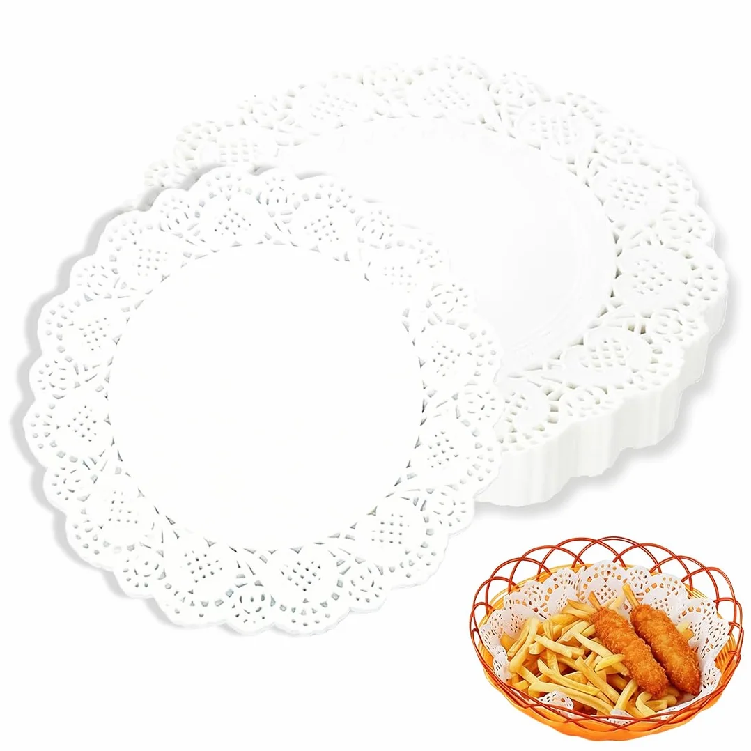 150 fogli di carta oleata, adatta per cibi fritti e snack, per uso alimentare, assorbente, con bordi smerlati, bianca, ideale per dessert e pasti principali, diametro 11,5 cm.