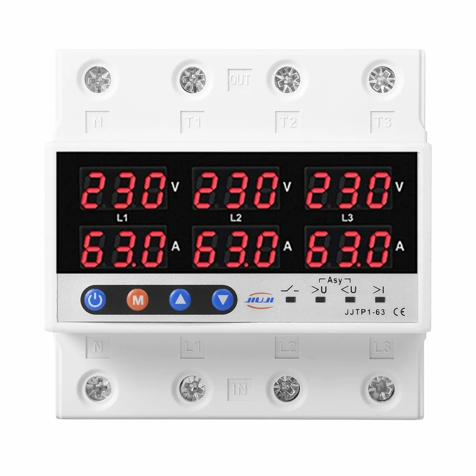 Jadeshay Protettore di Sovratensione e Sottotensione,AC220V 63A Stabilizzatore di Tensione con Doppio Display LED Relè di Ripristino Regolabile,Protezione Trifase a Bassa Tensione