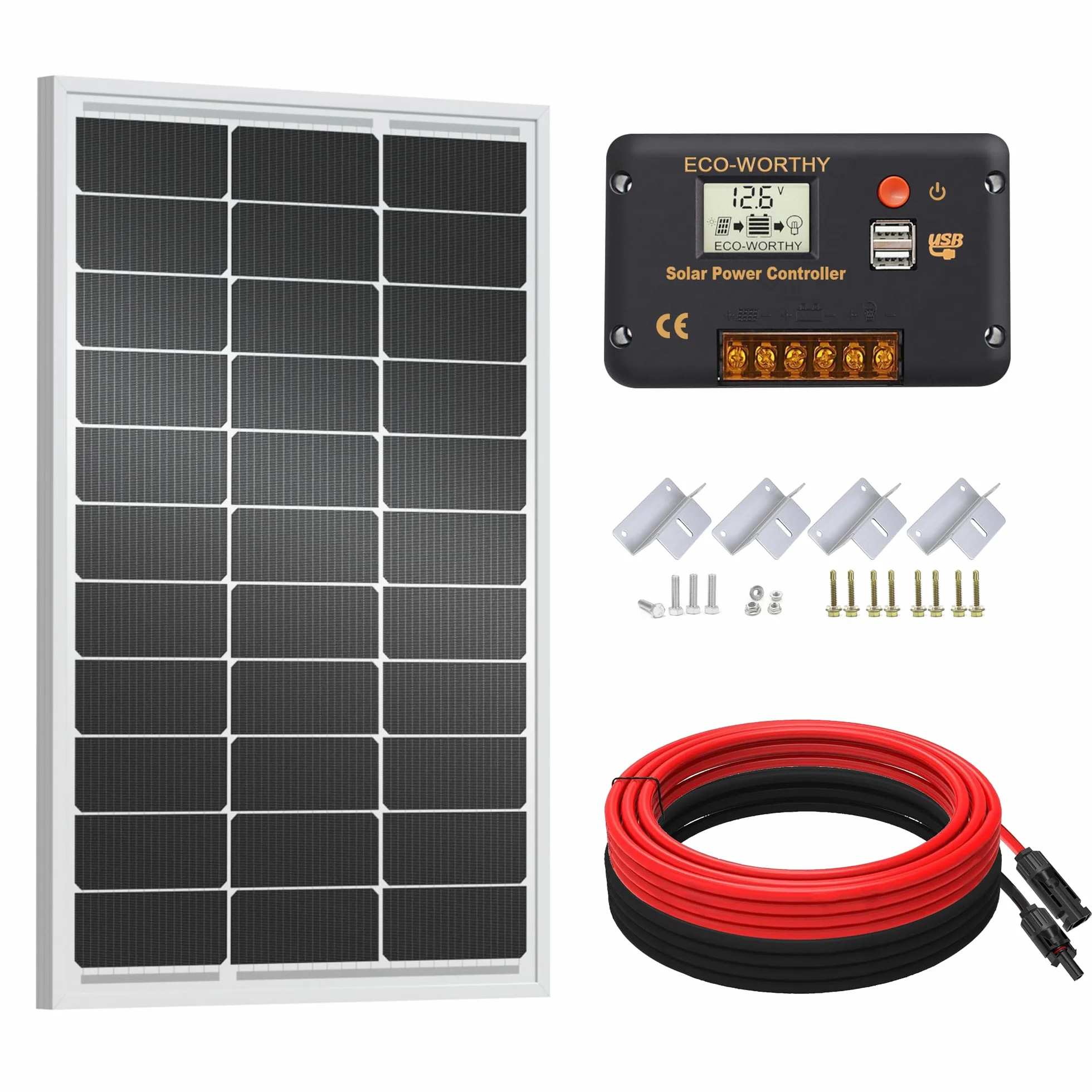 ECO-WORTHY Kit pannello solare 100 W 12 V per camper barca 12 V batteria: pannello solare monocristallino da 100 W + regolatore di carica solare da 30 A + cavo solare + morsetti di fissaggio Z