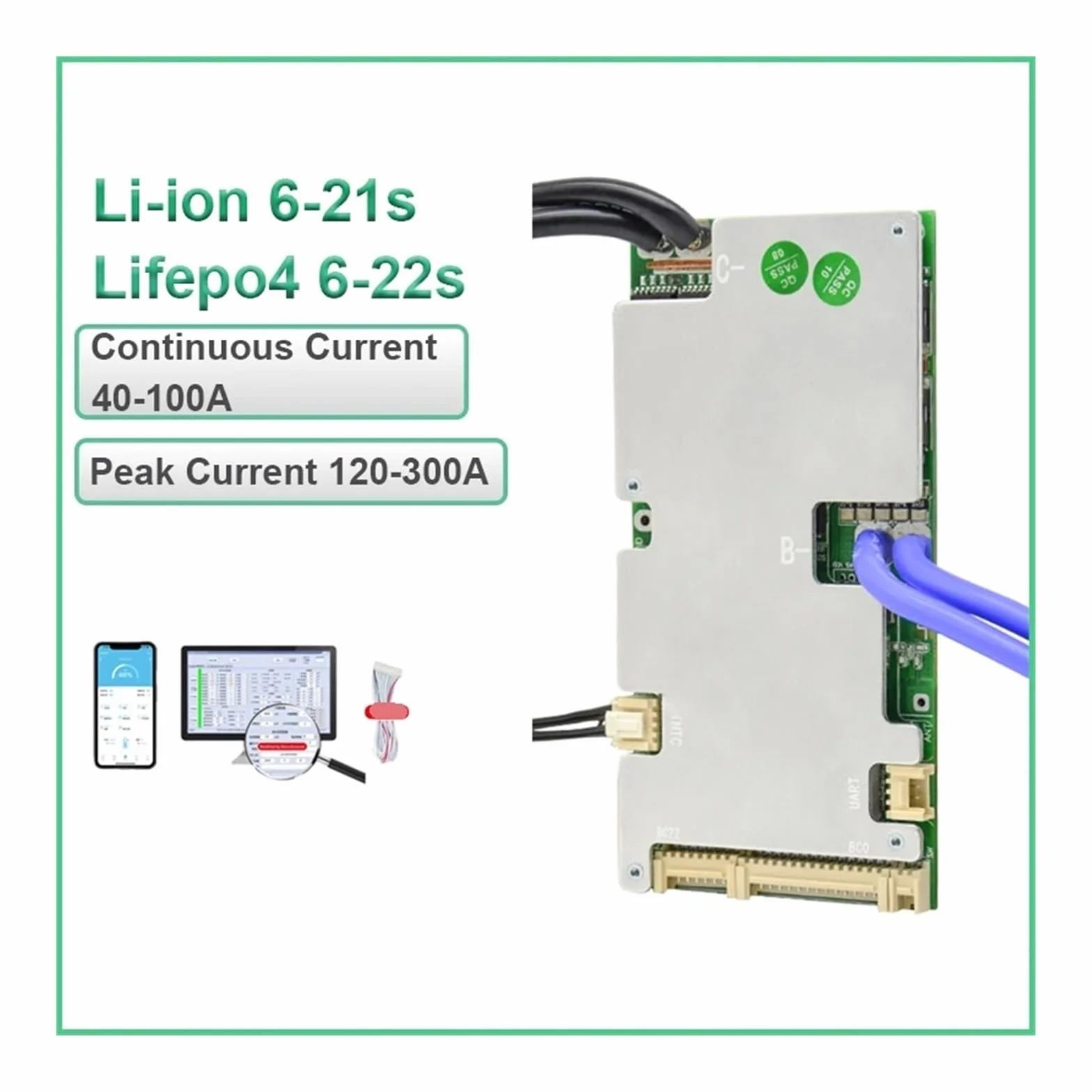 Piastra di protezione della batteria agli ioni di litio Bilanciatore BMS 6S 8S 10S 12S 14S 15S 16S 18S 20S 21S 22S BMS Lifepo4 100A 80A 50A 40A 24V 36V 48V 60V BT integrato con NTC(Li-ion 6-21S,80A UA
