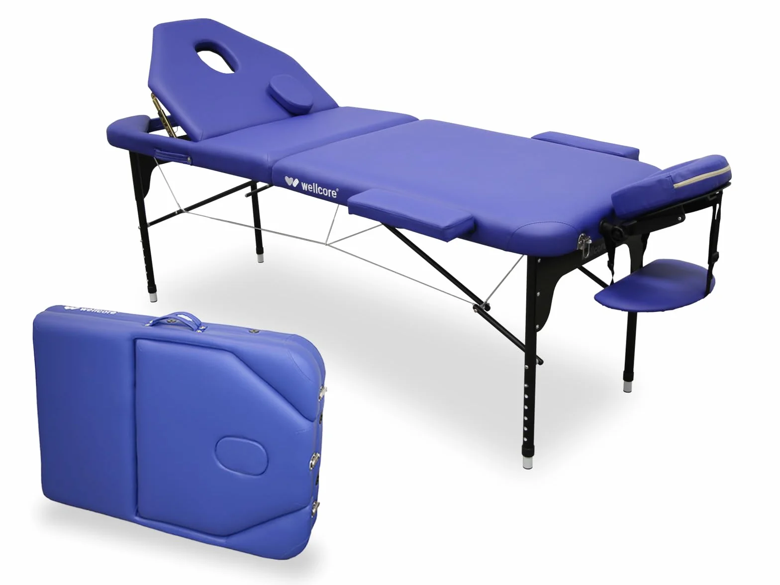 QUIRUMED Barella pieghevole in alluminio WELLCORE, con schienale ribaltabile, 185 x 65 cm, in similpelle, altezza regolabile, testa articolata, foro facciale, colore blu, zaino per il trasporto