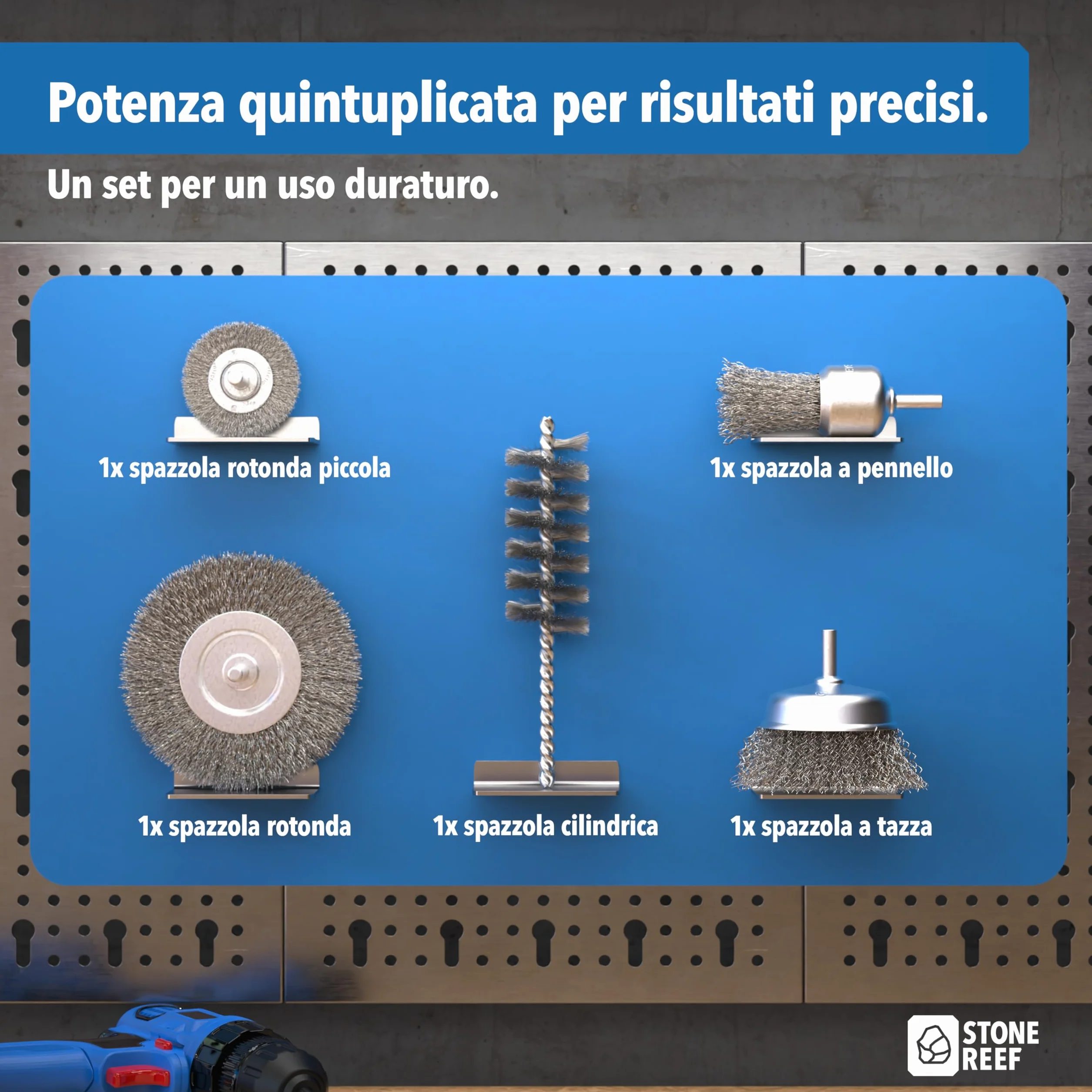 STONE REEF Set di 5 spazzole metalliche, fusto rotondo da 6 mm, trapani, avvitatore a batteria, accessori universali per la lavorazione della superficie, ideale per rimuovere la ruggine e rimuovere