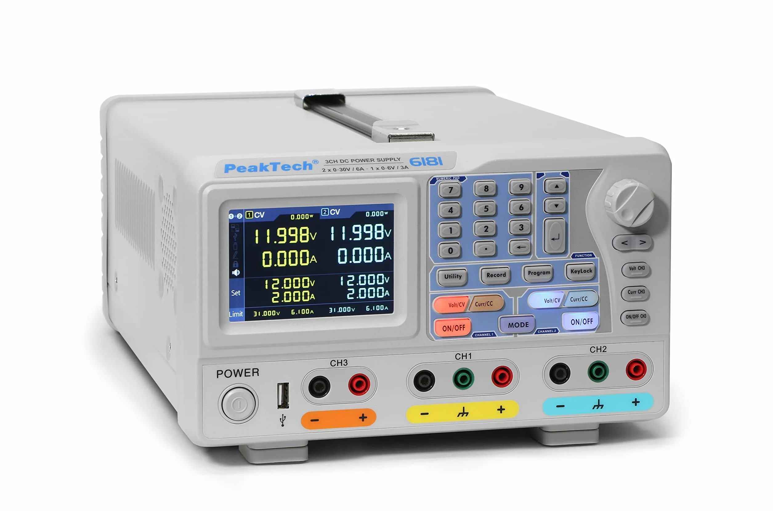 PeakTech P 6181 Alimentatore da banco a 2 canali, 0-30 V, 0-6 A, con display a colori TFT, risoluzione 1 mA e 1 mV, logger dati, rete LAN, USB, RS-232, seriale, parallelo, 15 W, 240 V