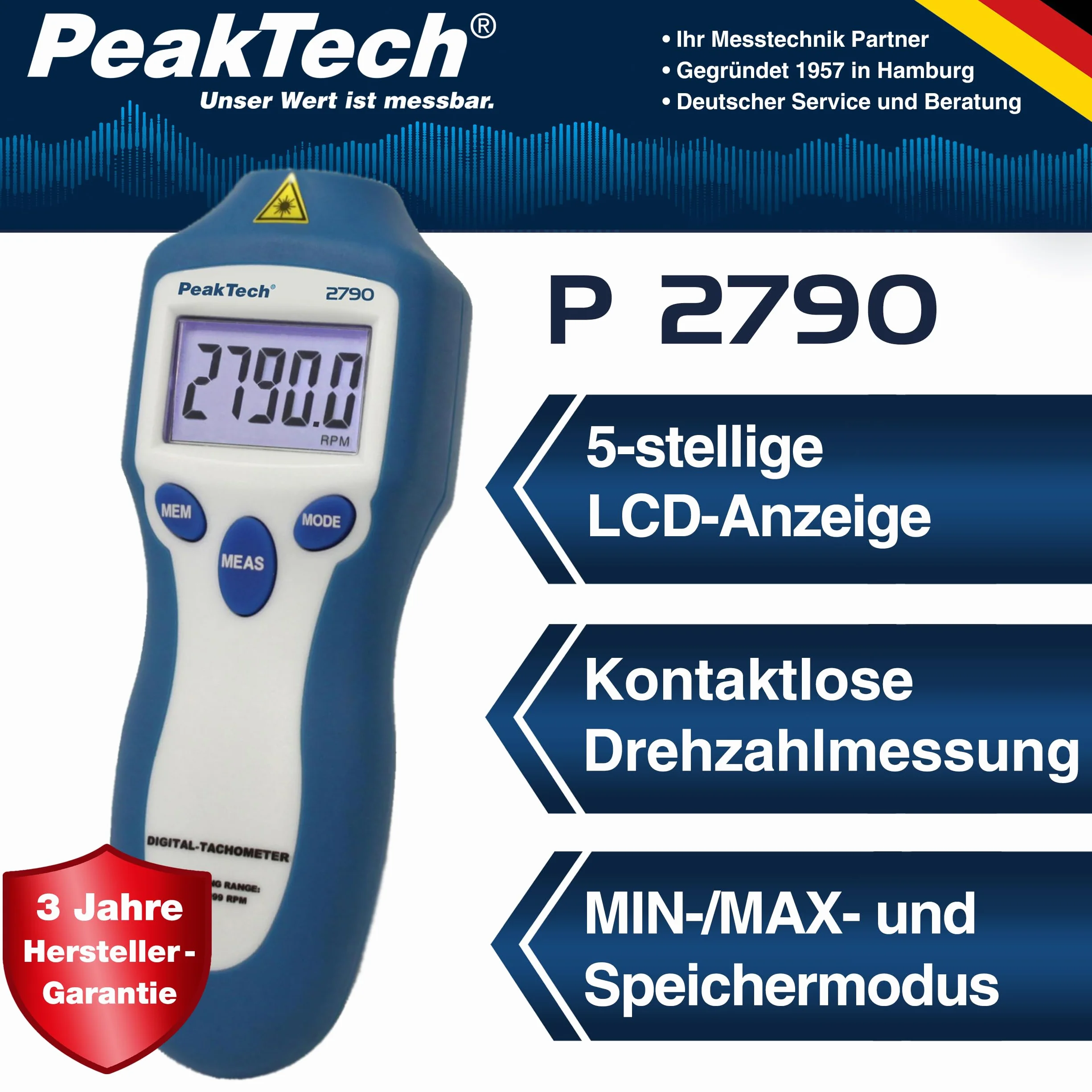 Peaktech 2790 Tachimetro/contagiri motosega, moto, scooter, barca, auto, motosega, diesel, benzina, 2 e 4 tempi 100.000 conteggi senza contatto, P 2790