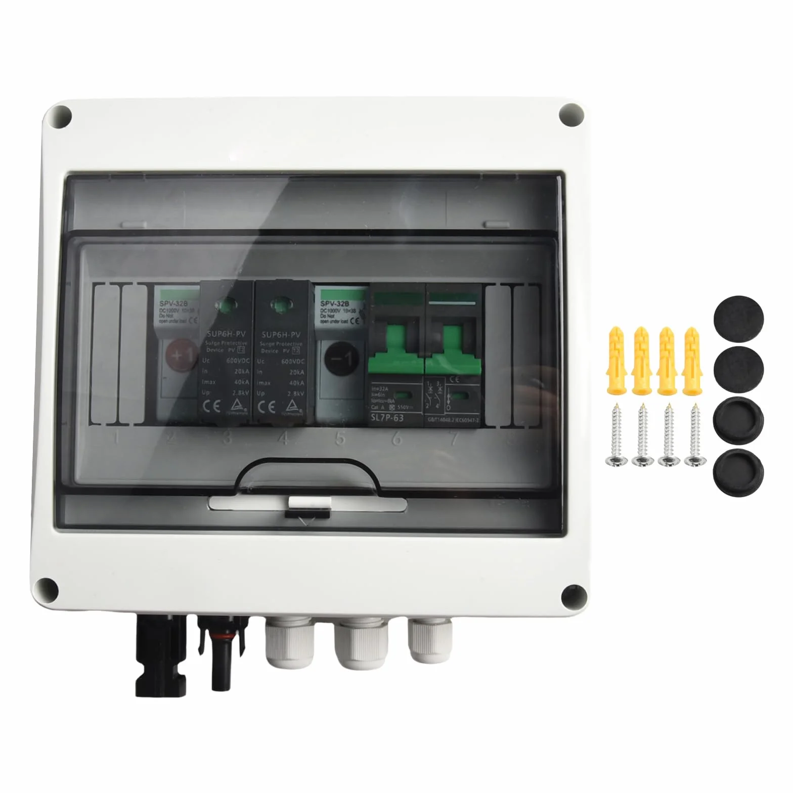 Scatola di Combinazione Solare Fotovoltaica 1 Ingresso 1 Uscita 550V IP65 Impermeabile con MCB DC 2P 550V, SPD DC 2P 600V e Fusibili DC 1000V 15A, Montaggio su Tetto per Pannelli solari
