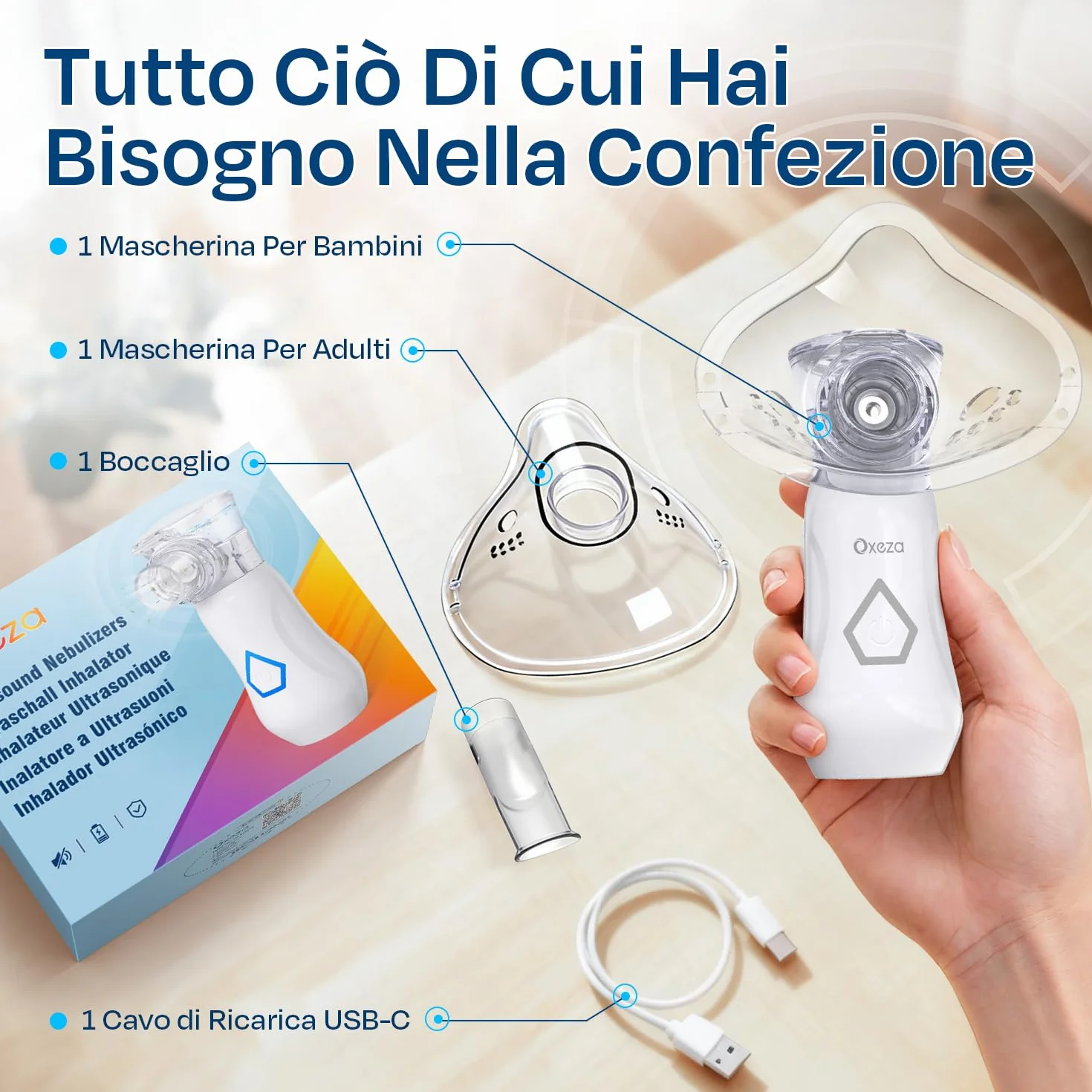 Aerosol Portatile Silenzioso Ricaricabile 2 Modalità Regolabili per Adulti e Bambini con Maschere e Boccaglio