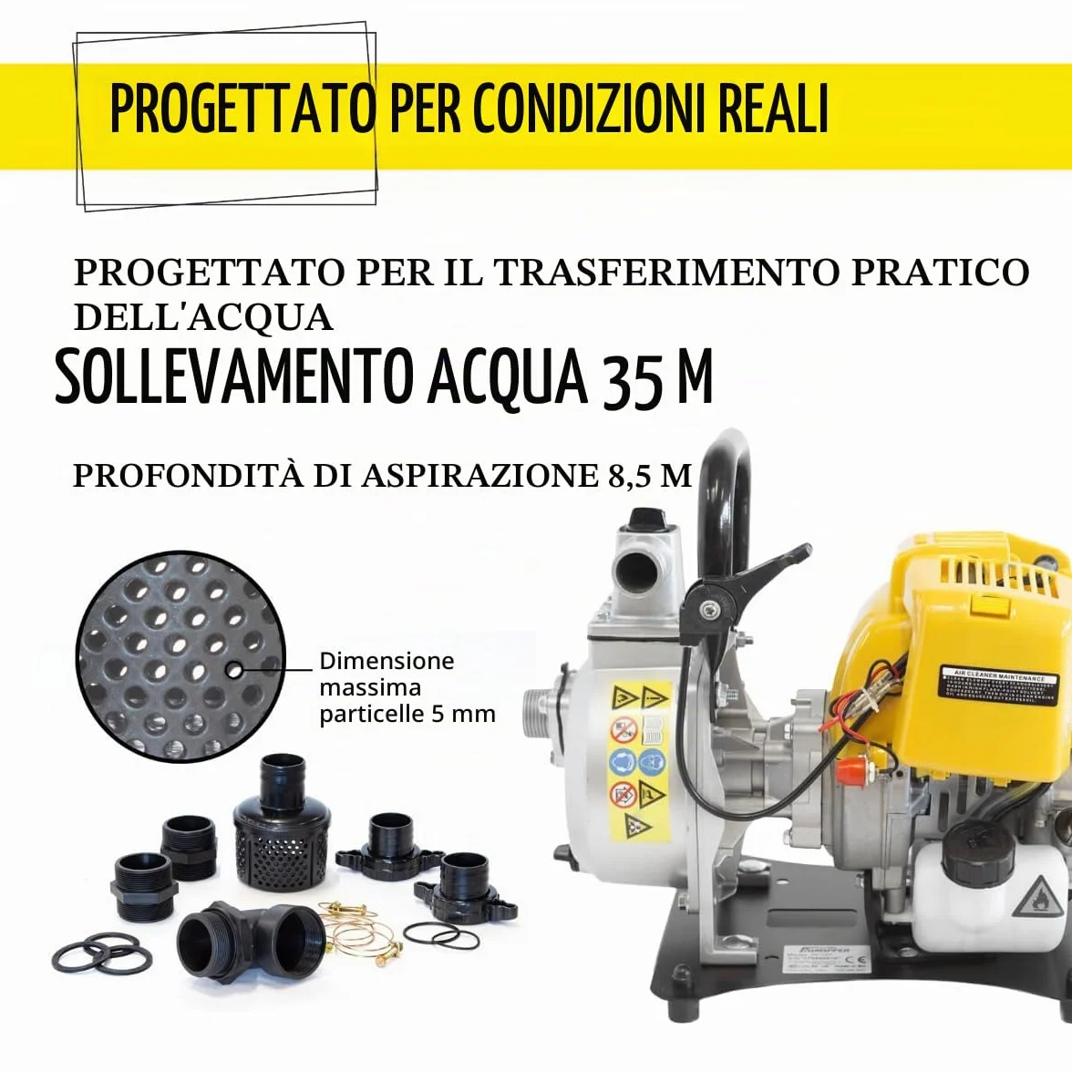 Pompa Acqua a Benzina 7500 L/h, Motopompa per Acqua Pulita con Prevalenza 35 m e Aspirazione 8,5 m, Motore 4 Tempi 1 HP, Pompa Portatile per Irrigazione Giardino e Svuotamento Cantine – Waspper PC107