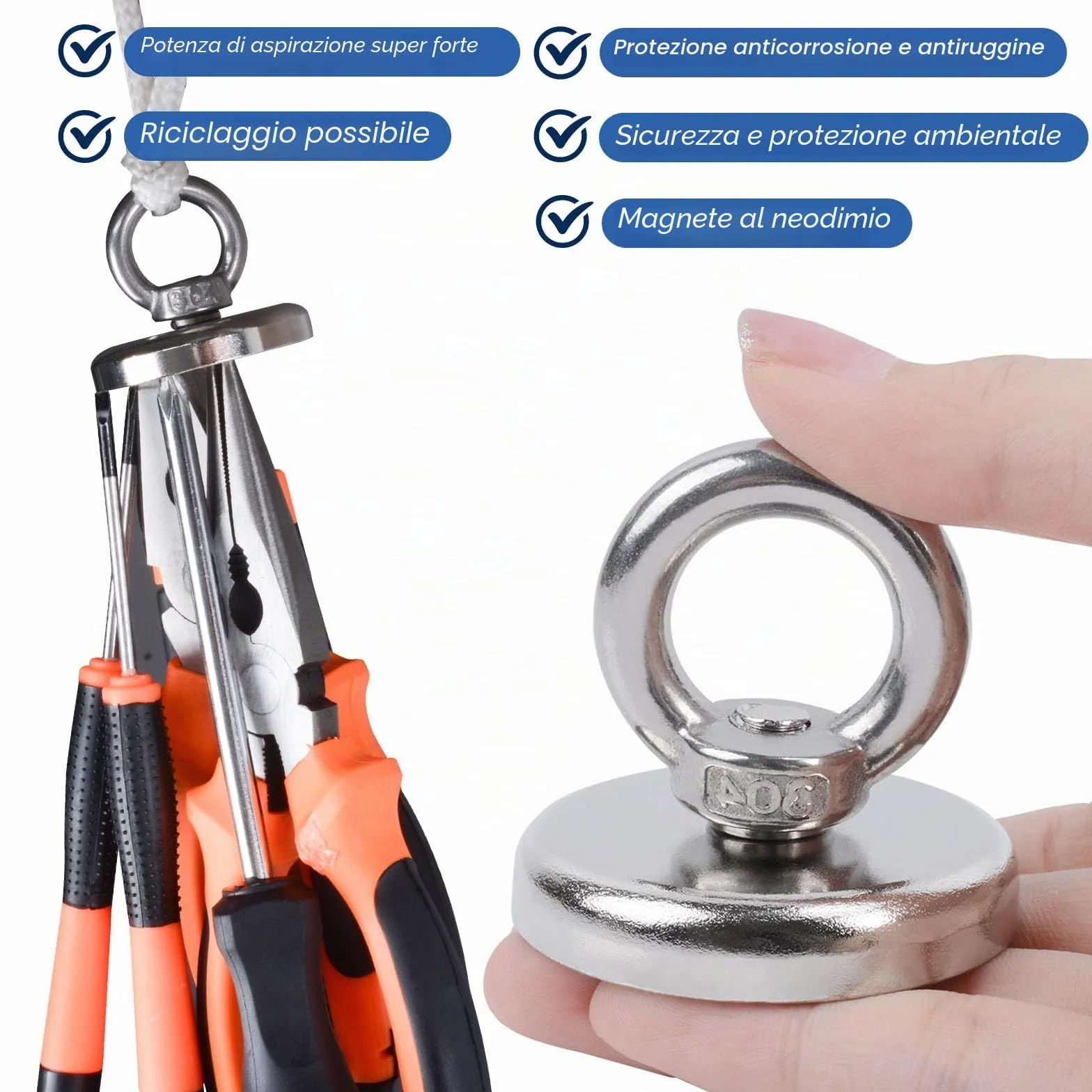 Magneti al Neodimio Extra Forti 42 mm 60kg Forza Magnete Da Pesca con Foro 2 Pezzi
