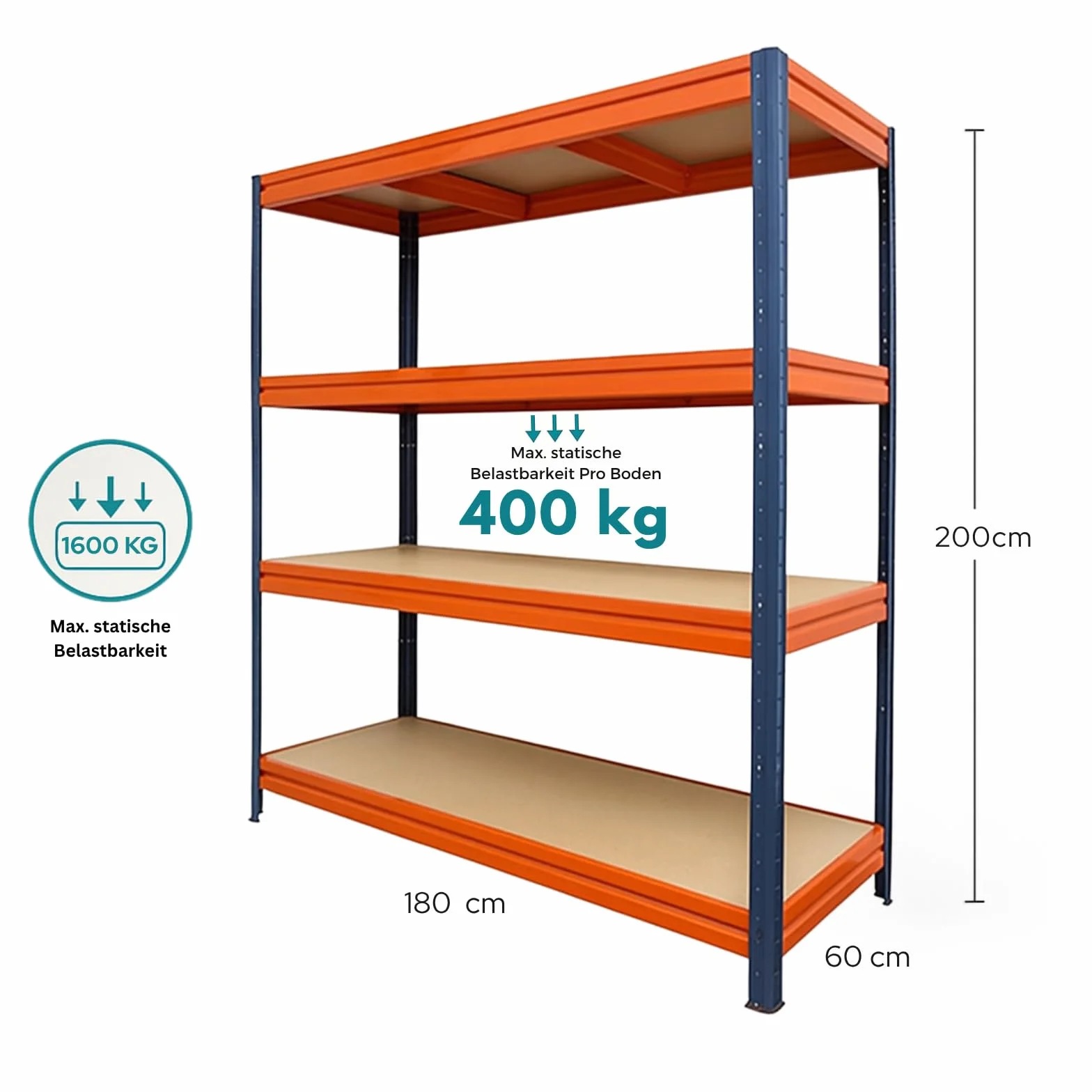 etm Scaffalatura larga 200 x 180 x 60 cm – con portata fino a 1500 kg, utilizzabile come scaffale per carichi pesanti, scaffale per magazzini, cantine, scaffalatura, blu/arancione