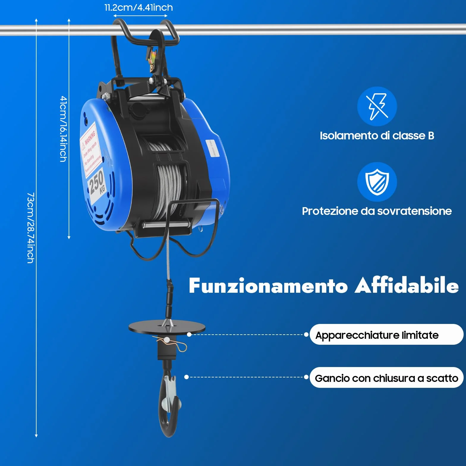 Paranco elettrico 1500 W, verricello elettrico, 30 m, 250 kg, per diversi dispositivi di sollevamento