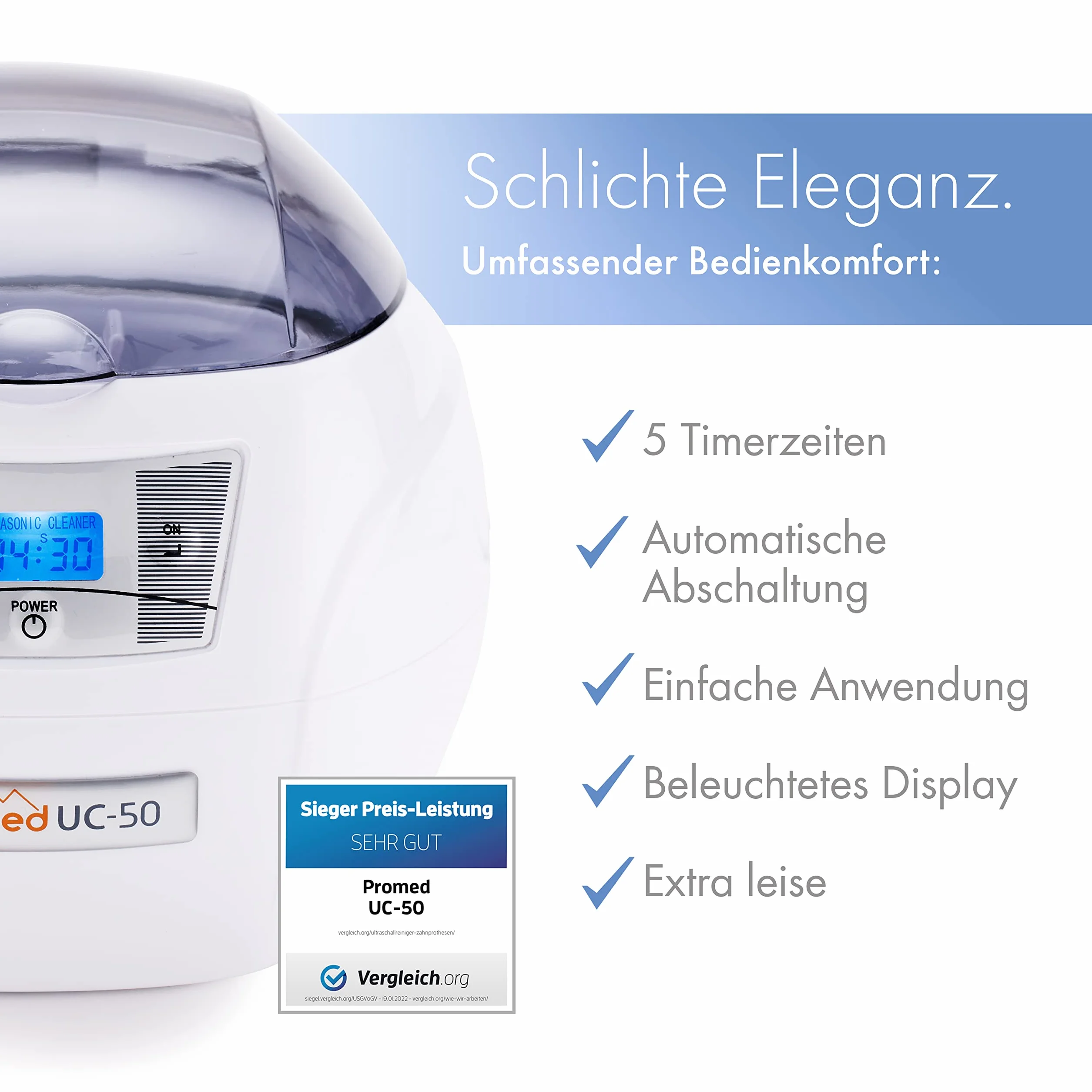 Promed UC-50 Pulitore Ultrasuoni - Dispositivo di Pulizia Gioielli, Utensili da Unghie, Occhiali, Oggetti - Alta Frequenza - Timer Automatico, LCD e Motore Silenzioso - Supporto per Orologio, Bit e CD