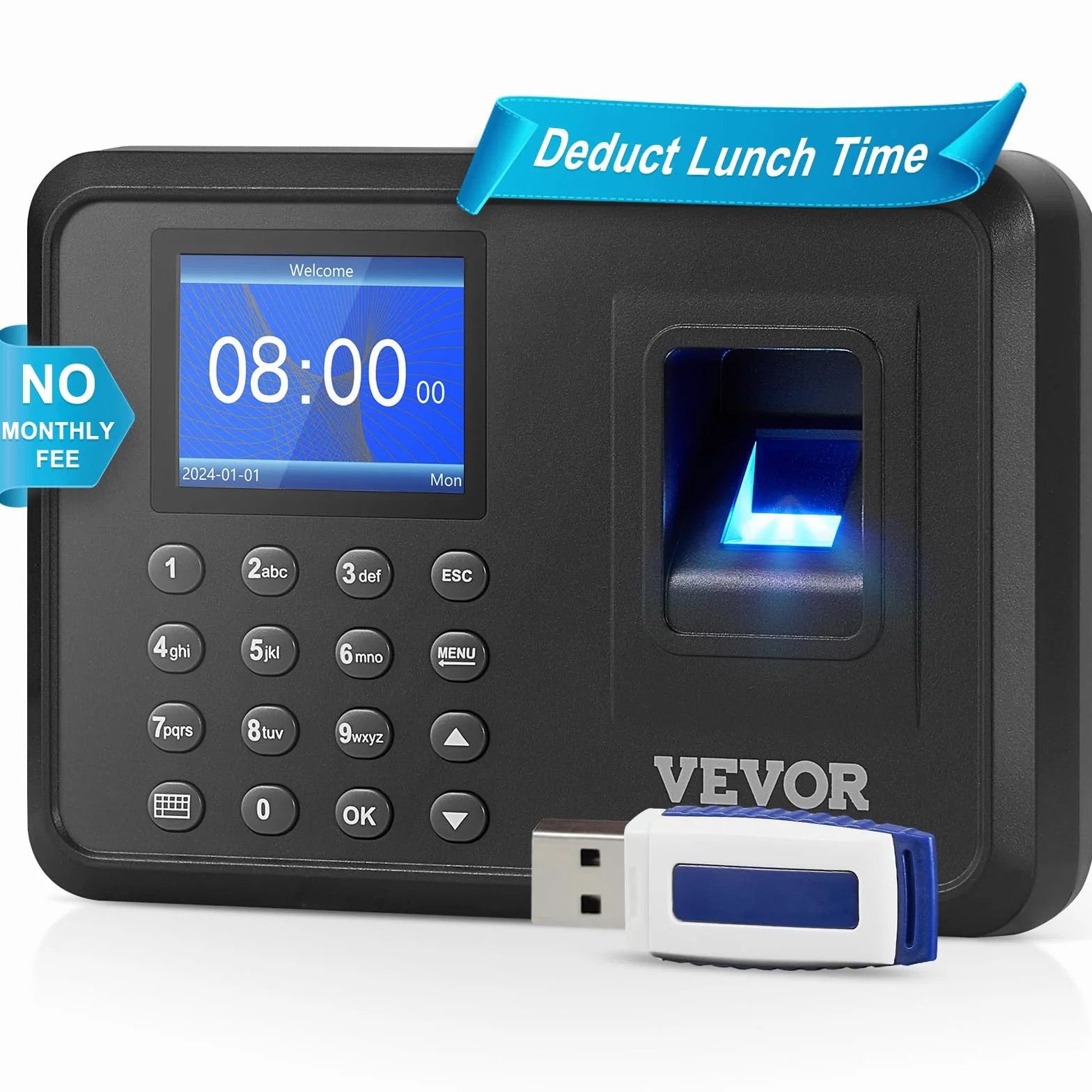 VEVOR Macchina Biometrica per Rilevazione delle Presenze dei Dipendenti con Impronta Digitale, Immissione PIN, Orologio Biometrico Autonomo per Check-In, Montaggio a Parete, Supporto 12 Lingue, Nero