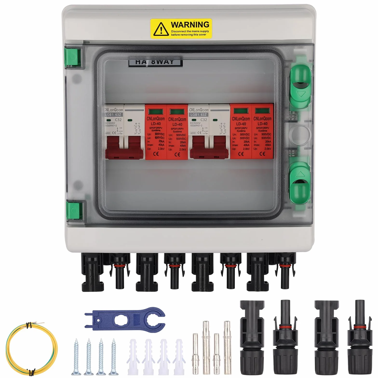 Protezione da sovratensione pv - 500V MCB+SPD scatola di collegamento solare, protezione da fulmini dc interruttore di sezionamento pv impianto 2 string 2 in 2 out, DC Combiner box interruttore