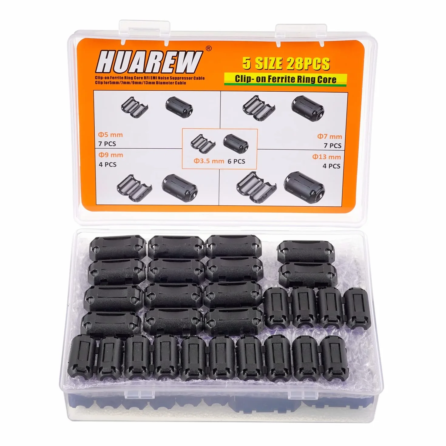 5 Valori 28 Pezzi Clip-on Nero Anello di Ferrite Nucleo RFI EMI Silenziatore del Rumore Clip per Cavo da 3.5mm 5mm 7mm 9mm 13mm di Diametro