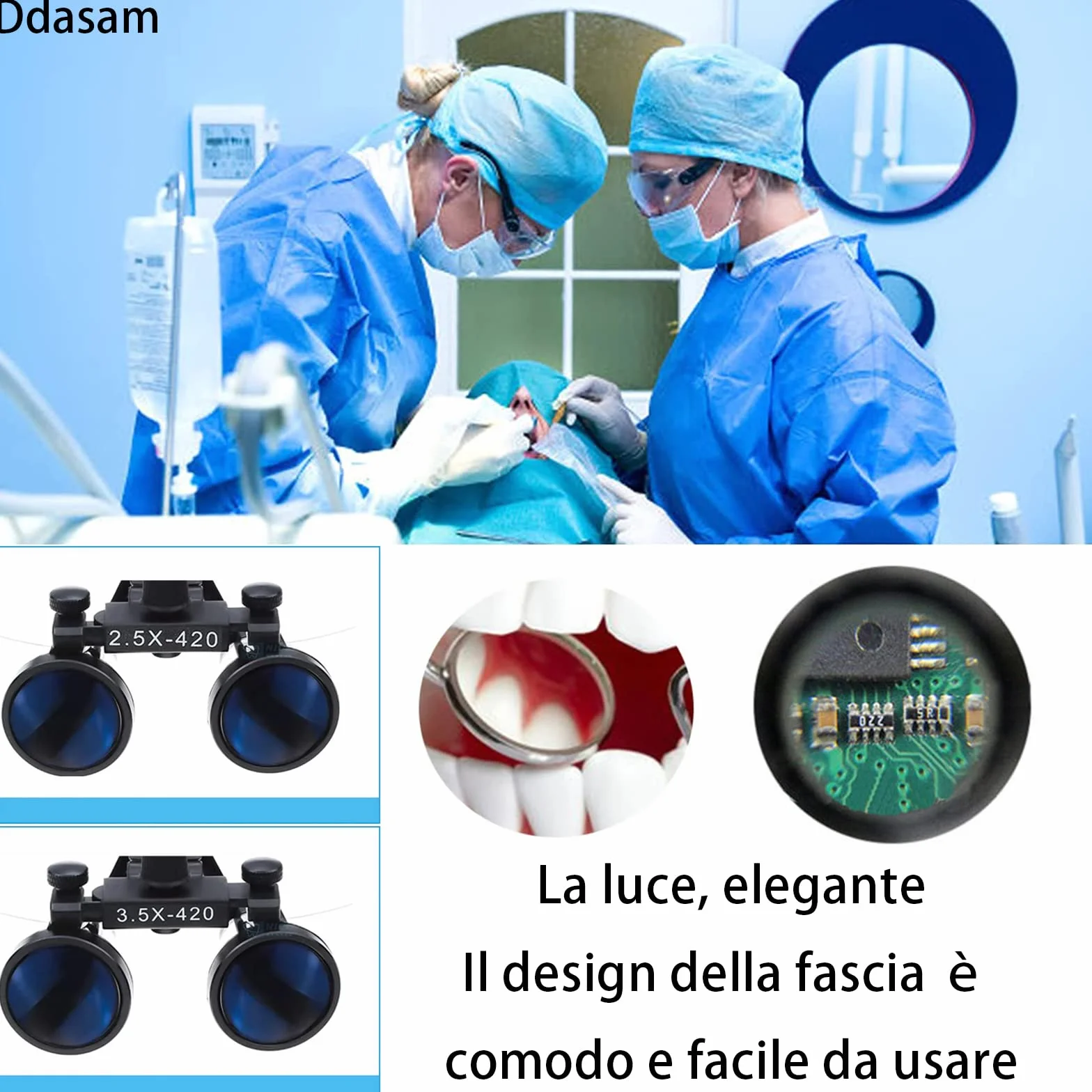 Occhiali ingrandimento,Lente d'Ingrandimento Dentale, dental loupe,lampada dentale 3,5x Occhialini Binoculari Medici Chirurgici Dentali con Faro LED per Chirurgia Odontoiatrica