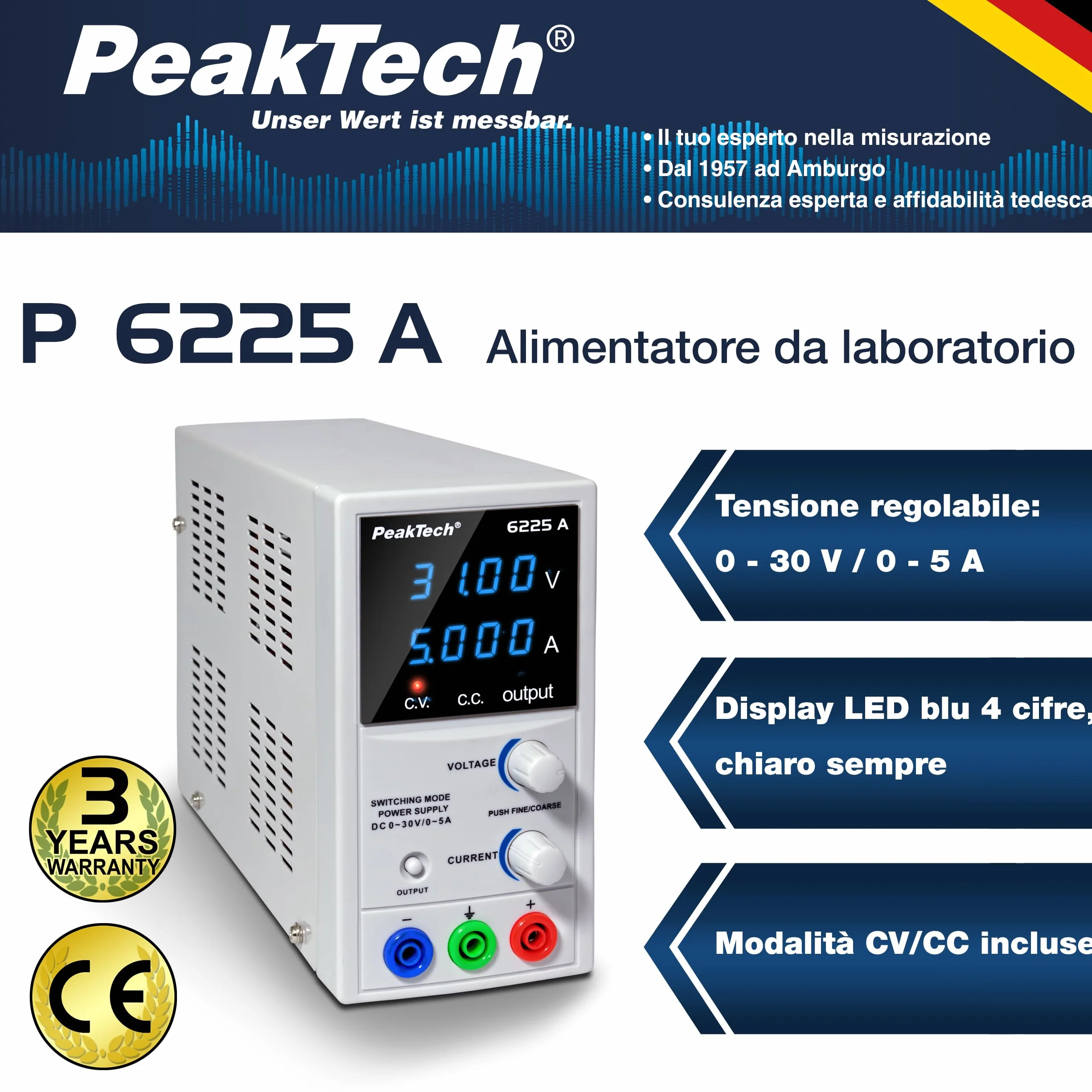 Peaktech 6225 a 1 - Alimentatore da Laboratorio Dc 0-30V/0-5A, Display a LED a 4 Cifre Regolabile, Alimentatore a Commutazione Stabilizzata, Protezione da Sovraccarico e Cortocircuito