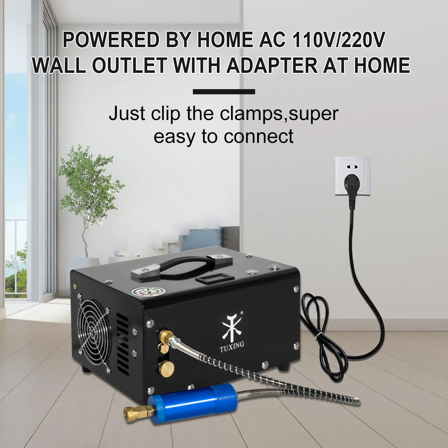 TUXING PCP compressore d'aria, olio/senza acqua, PCP fucile/pistola e Paintball serbatoio pompa d'aria, alimentato da 12V auto DC o casa 220V AC con convertitore di potenza e