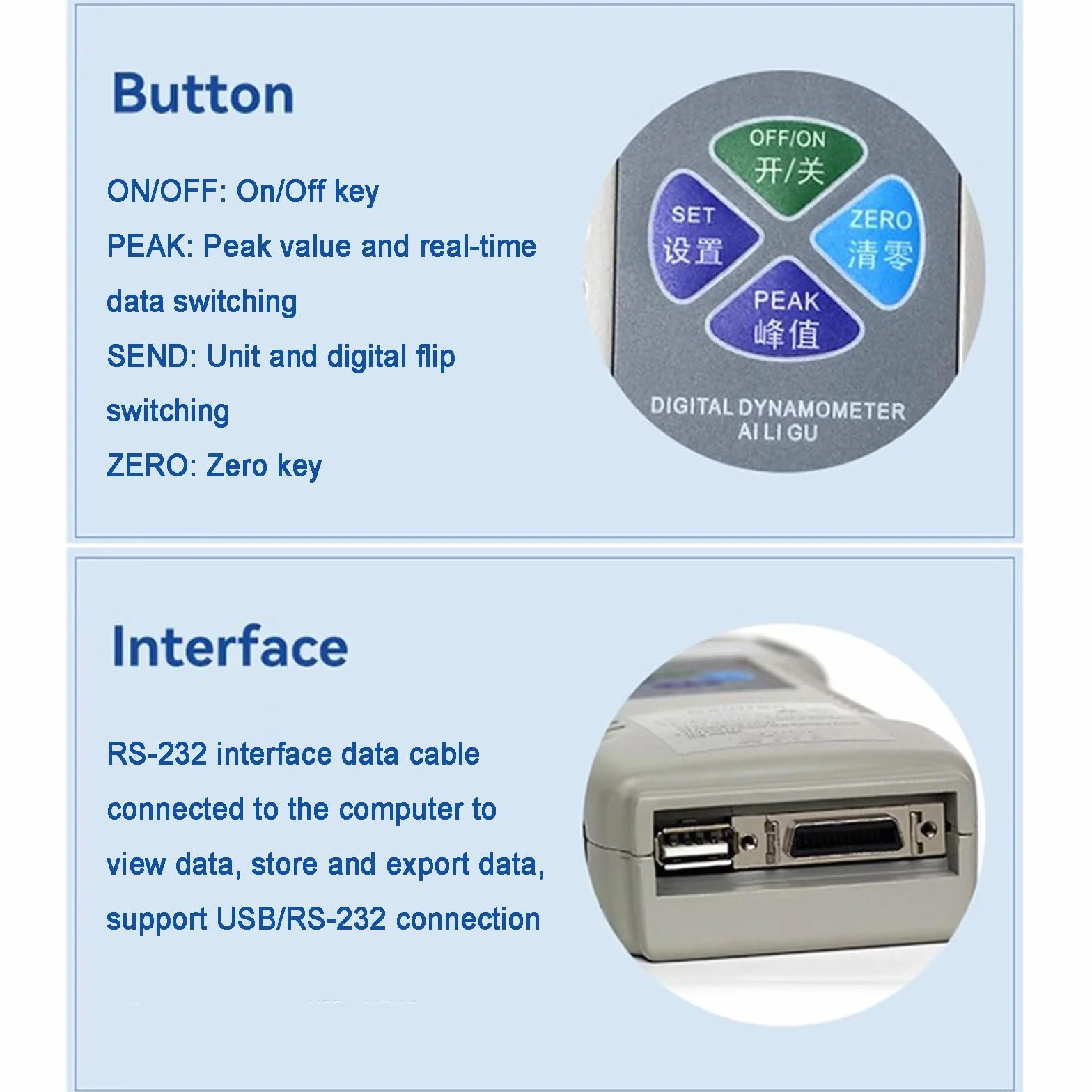 Misuratore di Forza Digitale, Misuratore Push-Pull, con Sensore di Cella di Carico Esterno, con Uscita Dati USB in Tempo Reale/Picco, Ricaricabile, Dinamometro