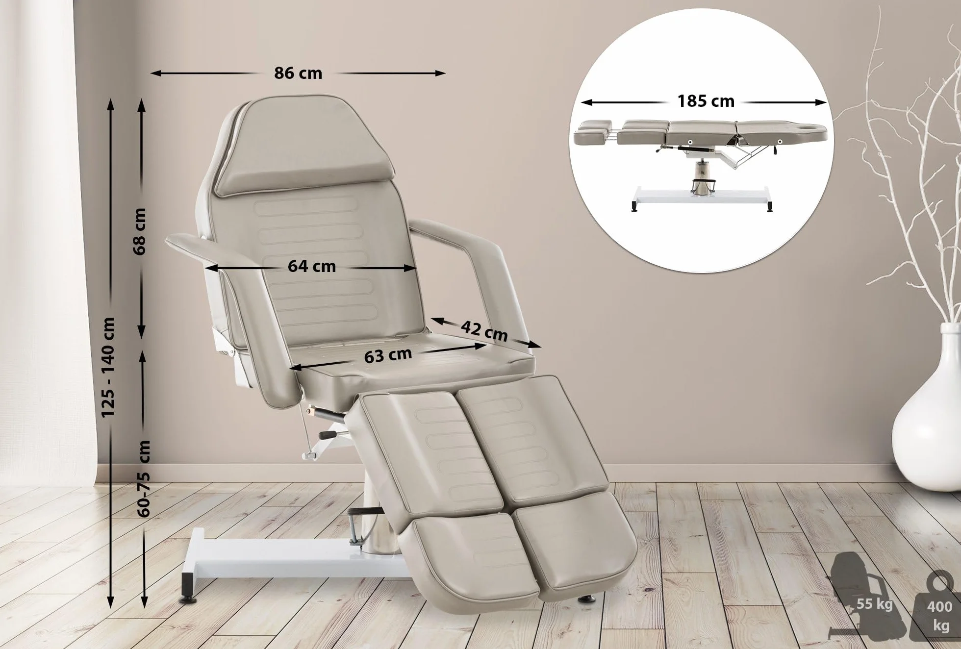 CLP Lettino Idraulico Centri Estetici Split V2 In Similpelle I Lettino Professionale Regolabile Con Braccioli Rimovibili, Carico Max 400 KG, Colore:grigio