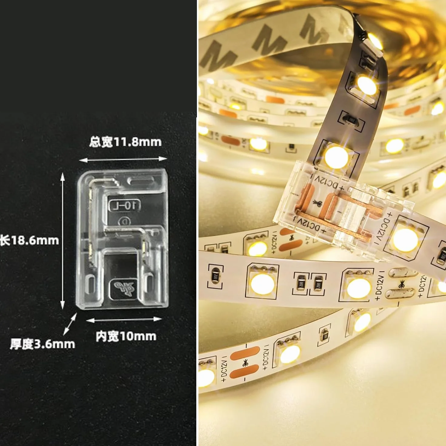 20 connettori a forma di L a 2 pin da 10 mm per strisce luminose LED COB, senza saldature, trasparenti, per strisce di luci SMD COB 5050 ad alta densità (10 mm)