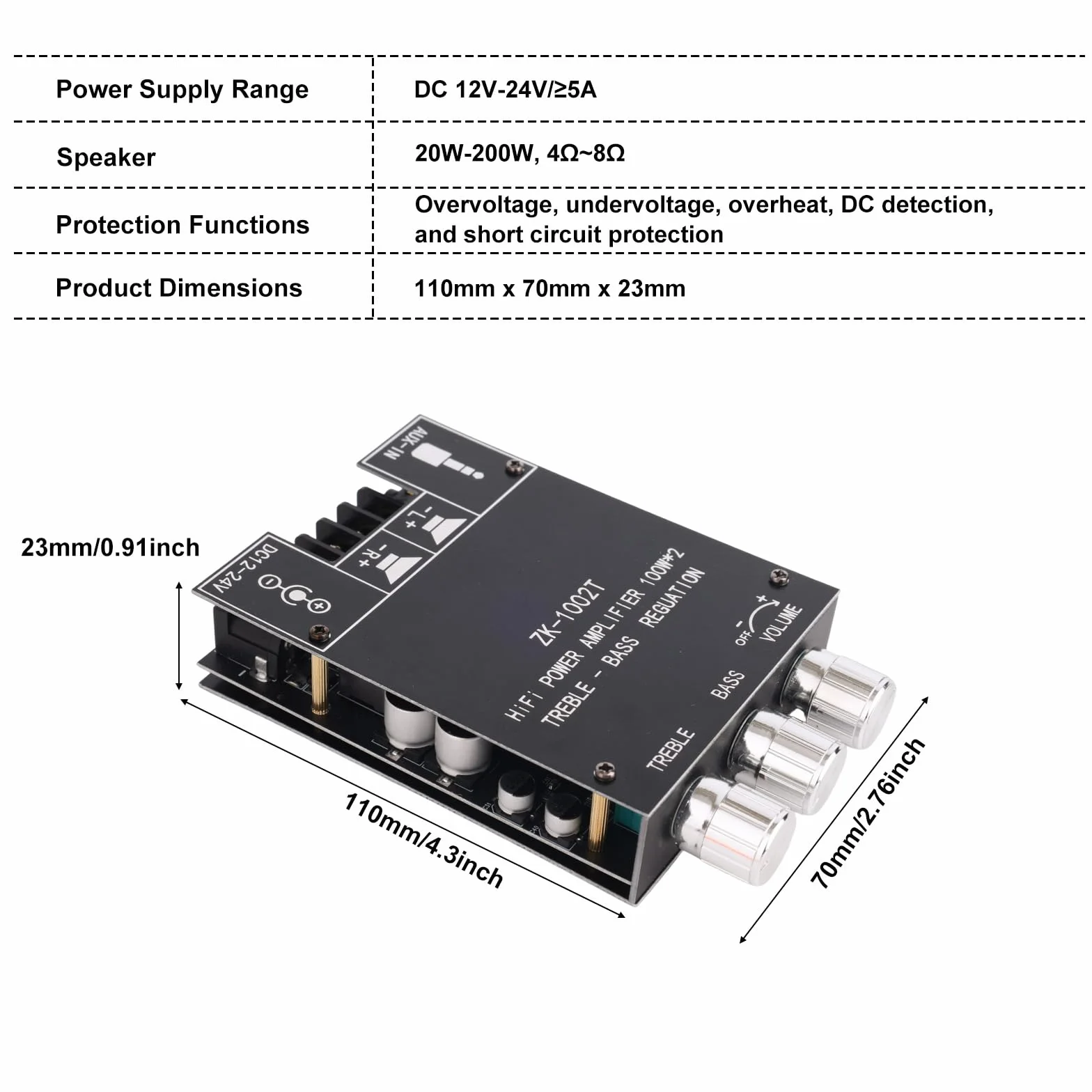 Scheda Amplificatore Bluetooth ZK-1002T, Scheda Amplificatore Stereo 100W+100W con Controllo Alti Bassi Supporta Ingresso AUX/Bluetooth con Ampia Tensione 12-24V Manuale Utente (Pre-Assemblato)