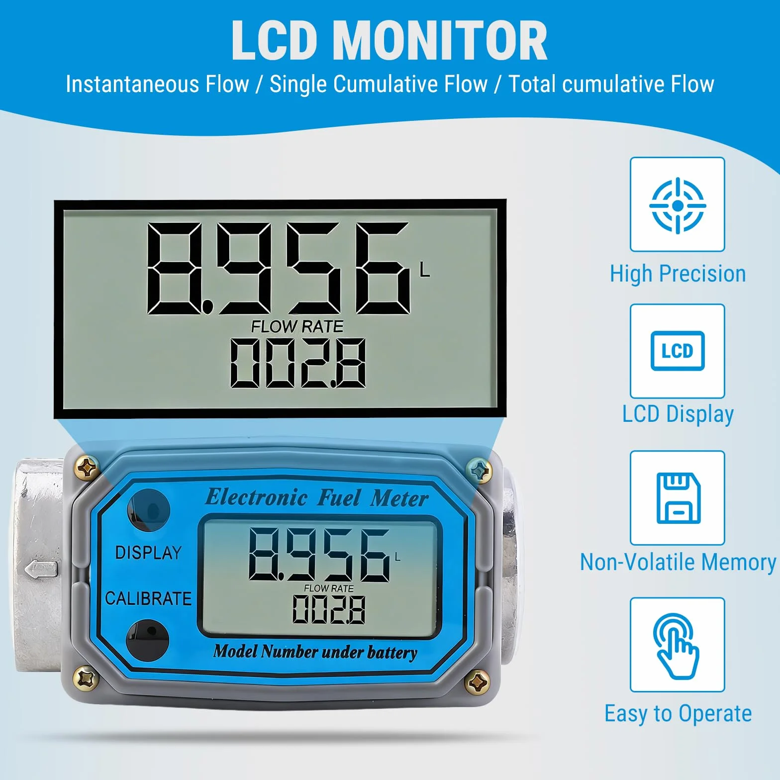 Misuratore di Portata Digitale a Turbina, 1" NPT Flussometro del Carburante, Misuratori del Flusso con Display LCD, per Diesel Kerosene Benzina, 15-120 Litri, Blu