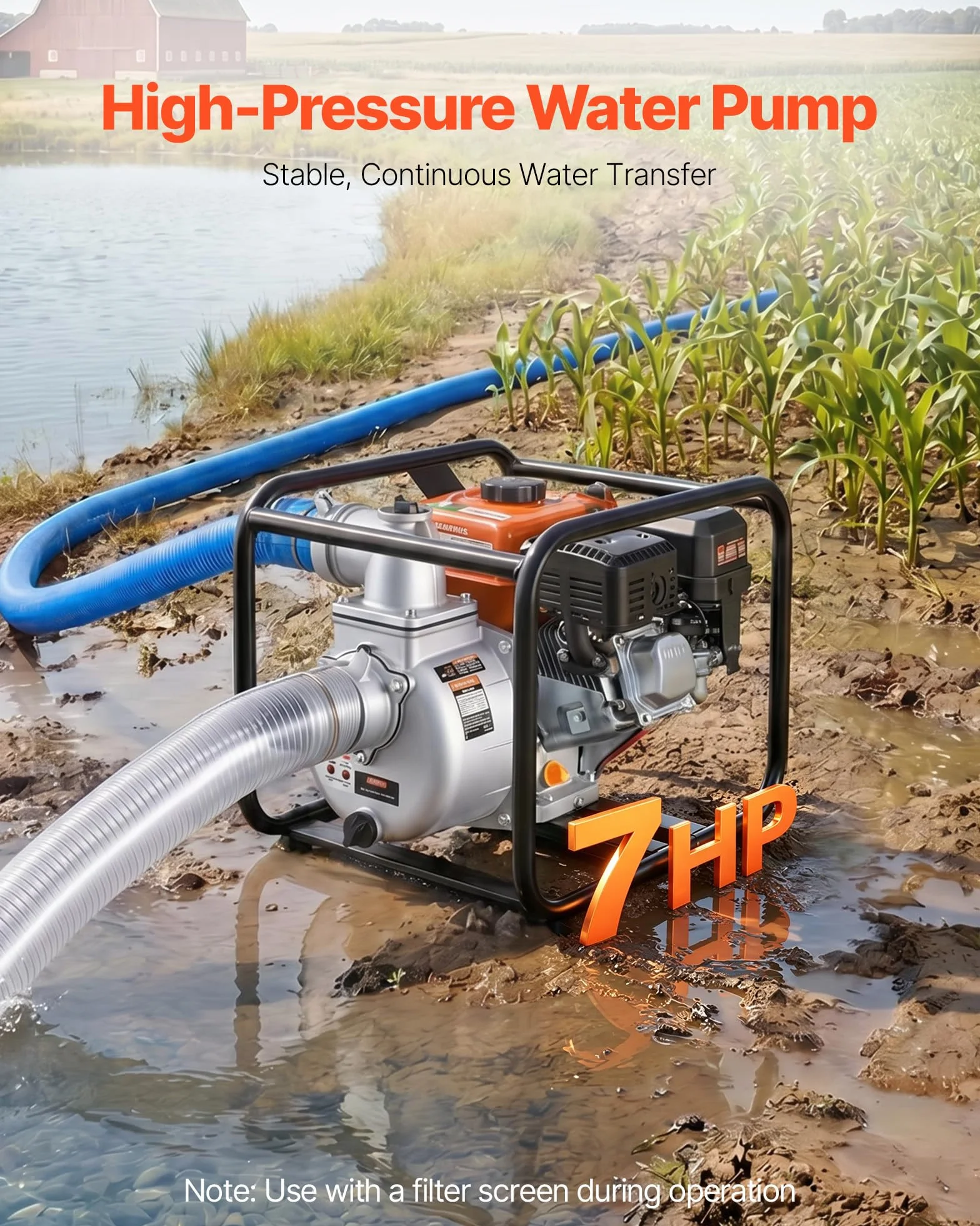 VEVOR Pompa Acqua a Benzina, Motopompa per Irrigazione Prato Laghetti Piscina Giardino 59960 L/H, Trasferimento Acqua 7 CV, Pompa Acqua con Motore a Benzina Tubo 7,6m Dimensioni Porta 76,2 mm