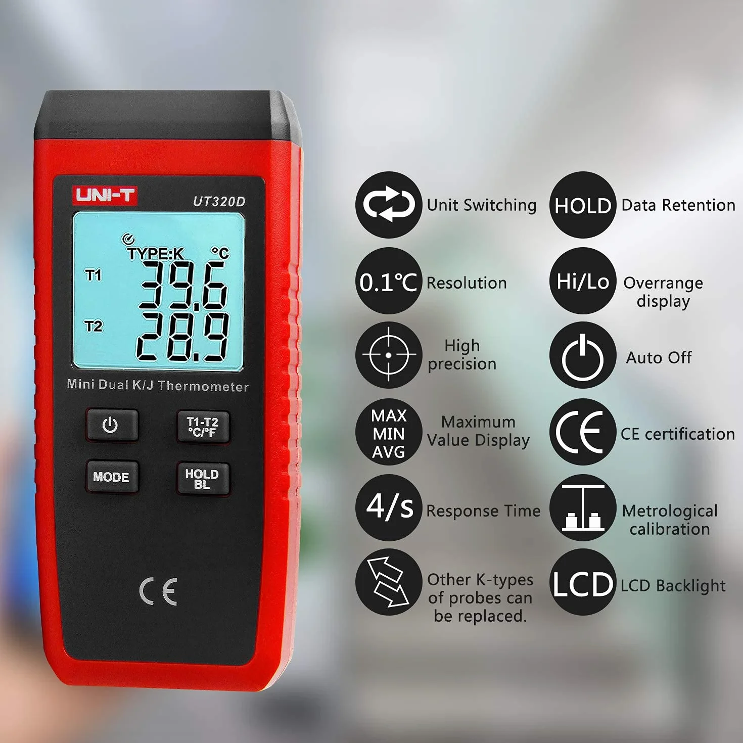 UT320D Mini Termometro Dual-channel K/J Termocoppia con retroilluminazione LCD