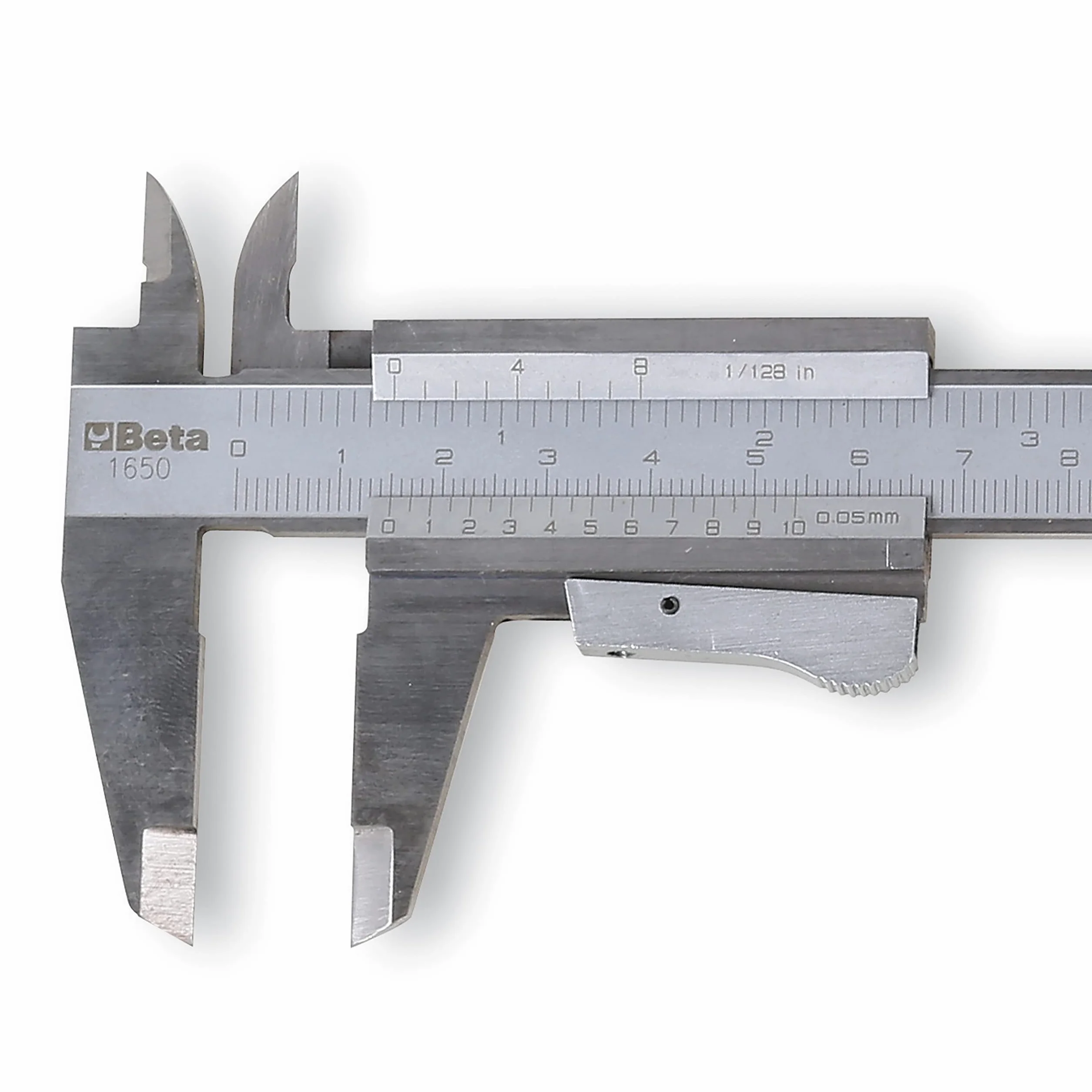 BETA - Calibro a Corsoio 0-150 mm in Acciaio Inossidabile Temprato con Lettura Ventesimale 0,05 mm, Strumento di Misura Professionale con Bloccaggio a Molla e Fodero di Pelle per Officina, 1650 150