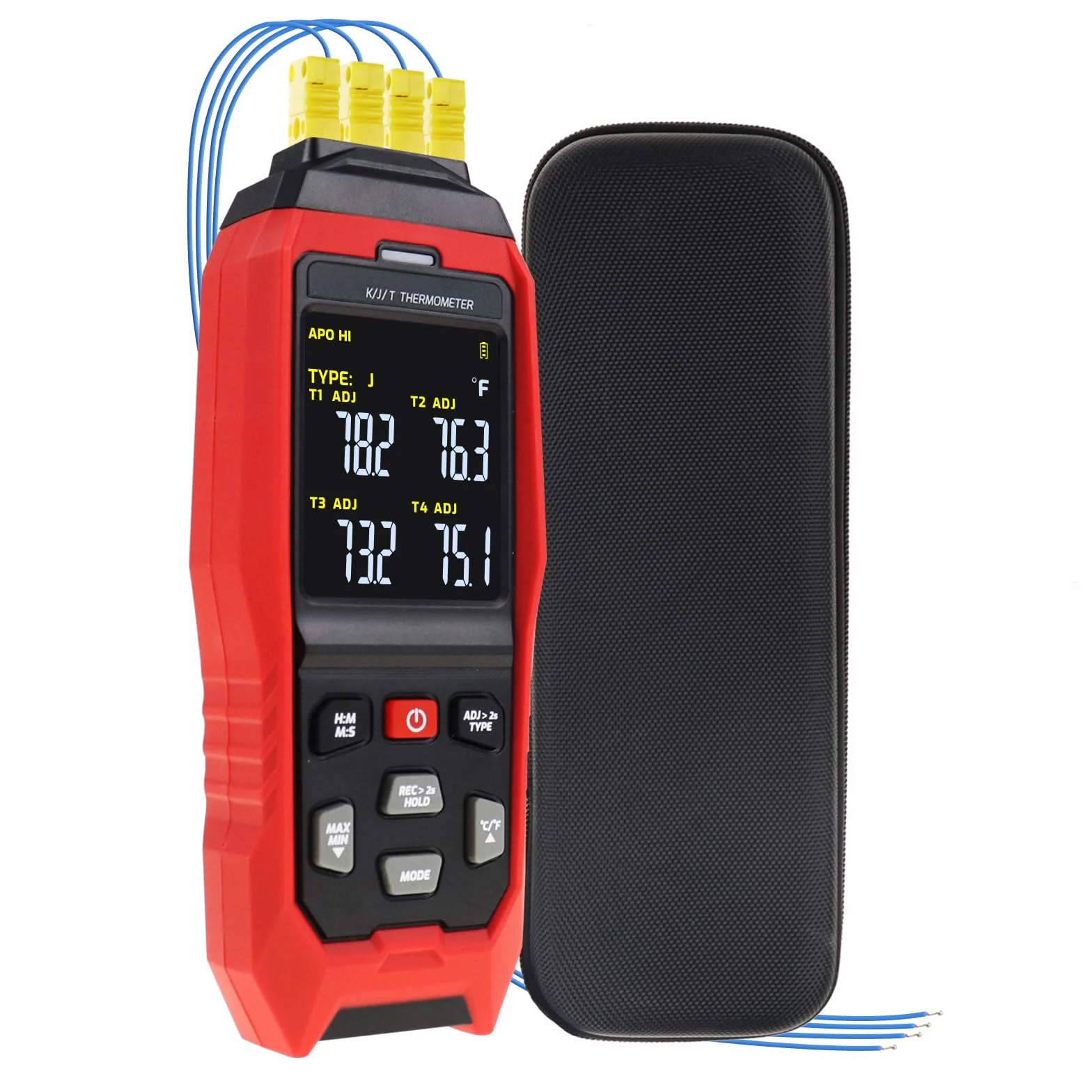 Termometro a Termocoppia Digitale Data Logger 4 Canali tipo K/J/T -200~1372°C Misuratore di Temperatura con Allarme