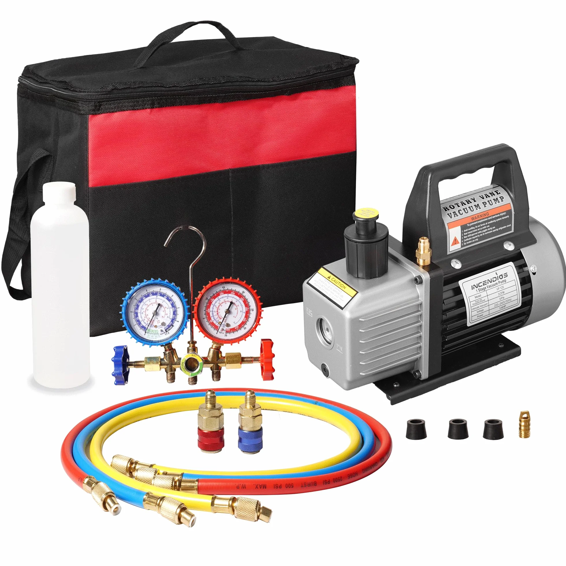 Kit Pompa a Vuoto per Condizionatori 3 CFM 1/4 HP con Manometro Compatibile con R12 R22 R502 R134A R404 R407 R452A Kit Pompa a Vuoto per HVAC Auto, Lavorazione Alimentare e Refrigerazione Commerciale