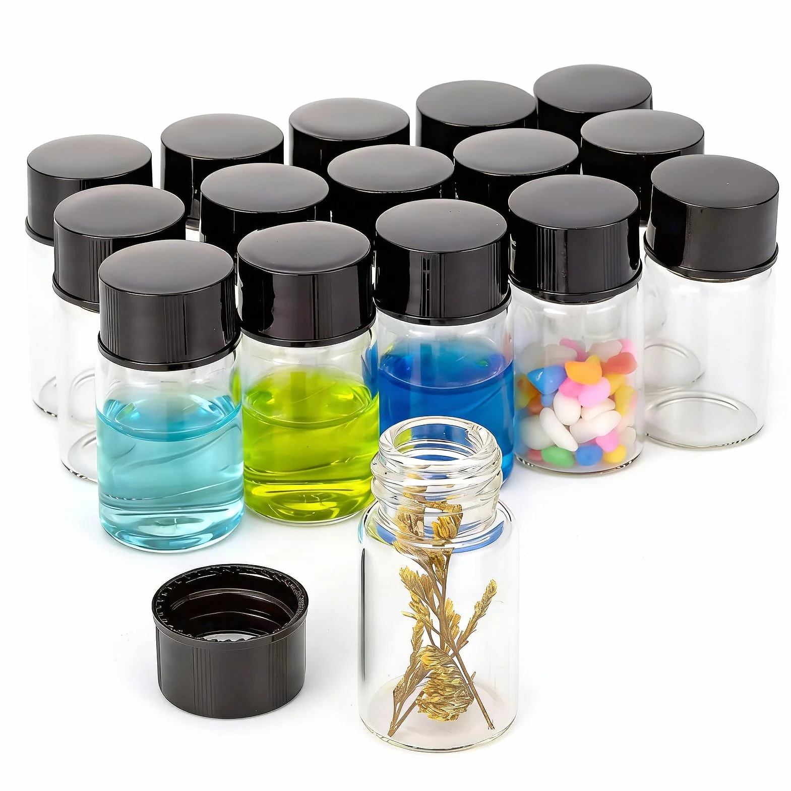 Mini flaconcini trasparenti in vetro 7 ml con tappo a vite nero, contenitori da viaggio per test di laboratorio, confezione da 16