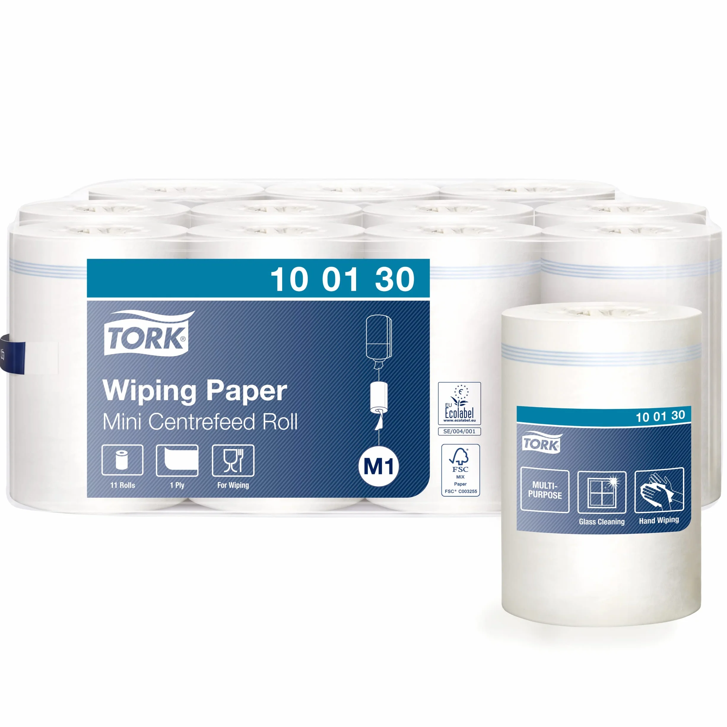 Tork 100130 Carta per asciugatura Advanced, compatibile con sistema M1 (ad estrazione centrale mini), 1 velo, 1 x 11 rotoli (11 x 120 m), bianco