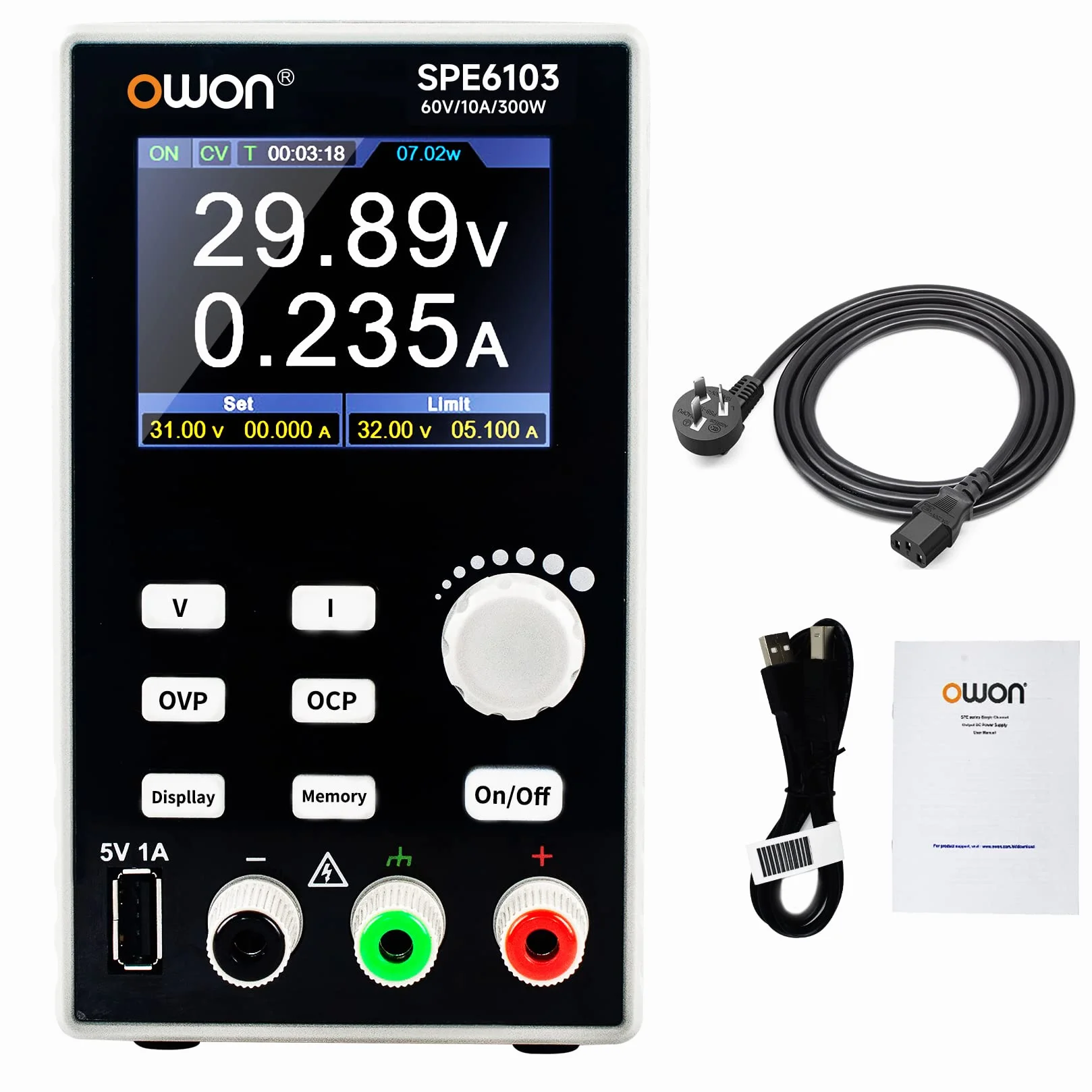 OWON SPE6103 Alimentatore CC programmabile, 300 W, 60 V/10 A, protezione multipla a 4 cifre ad alta precisione, display LCD TFT 2,8 pollici con porta USB, supporta l'alimentazione laboratorio SCPI