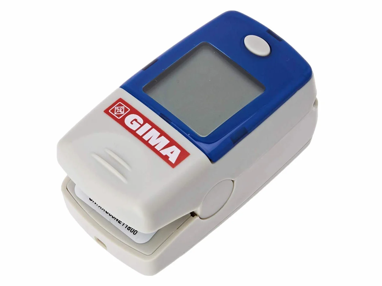 GIMA Oxy-5 Saturimetro Pulsoximetro da Dito, 10-22 mm, Portatile, Saturazione Battito Perfusione, Display LCD, Allarmi Visivi Acustici