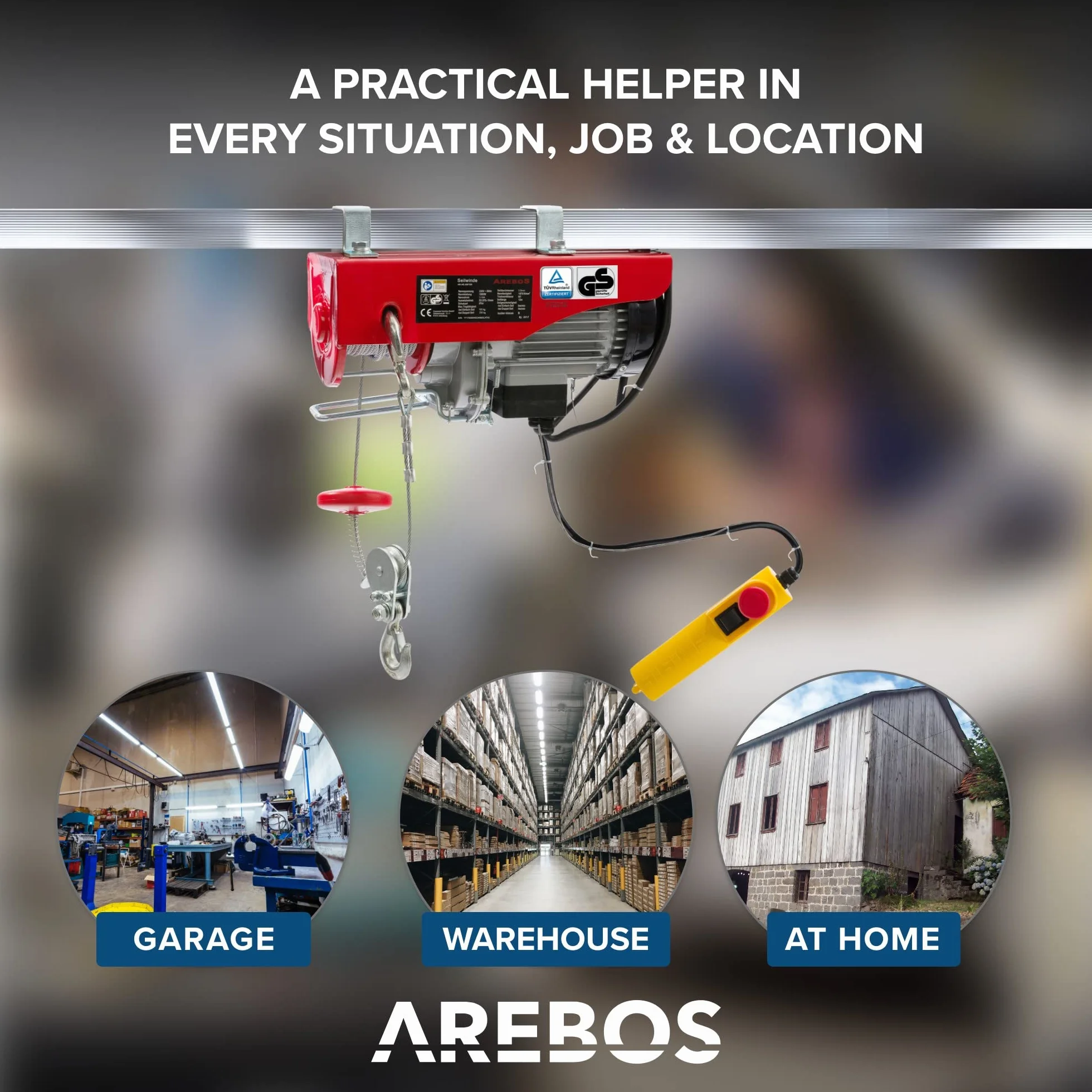 Arebos Paranco Elettrico | 200/400 kg | 1000W | Verricello Elettrico | Montacarichi Paranchi Elettrici con Telecomando | altezza di sollevamento 12m | Verricellomontacarichi di Sollevamento