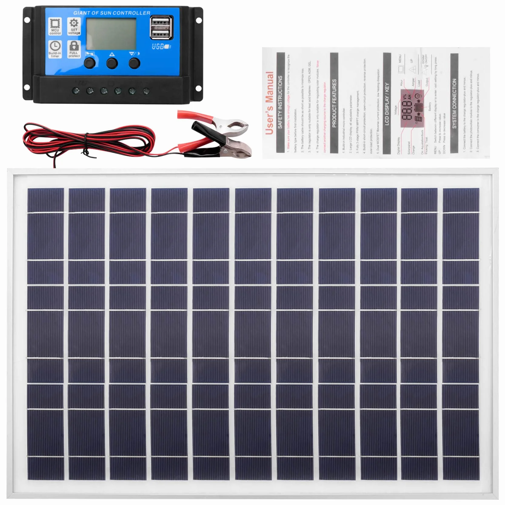 Barabesty Caricabatteria da Pannello Solare da 30W 12V + Controller 40A per, Barca, Casa,