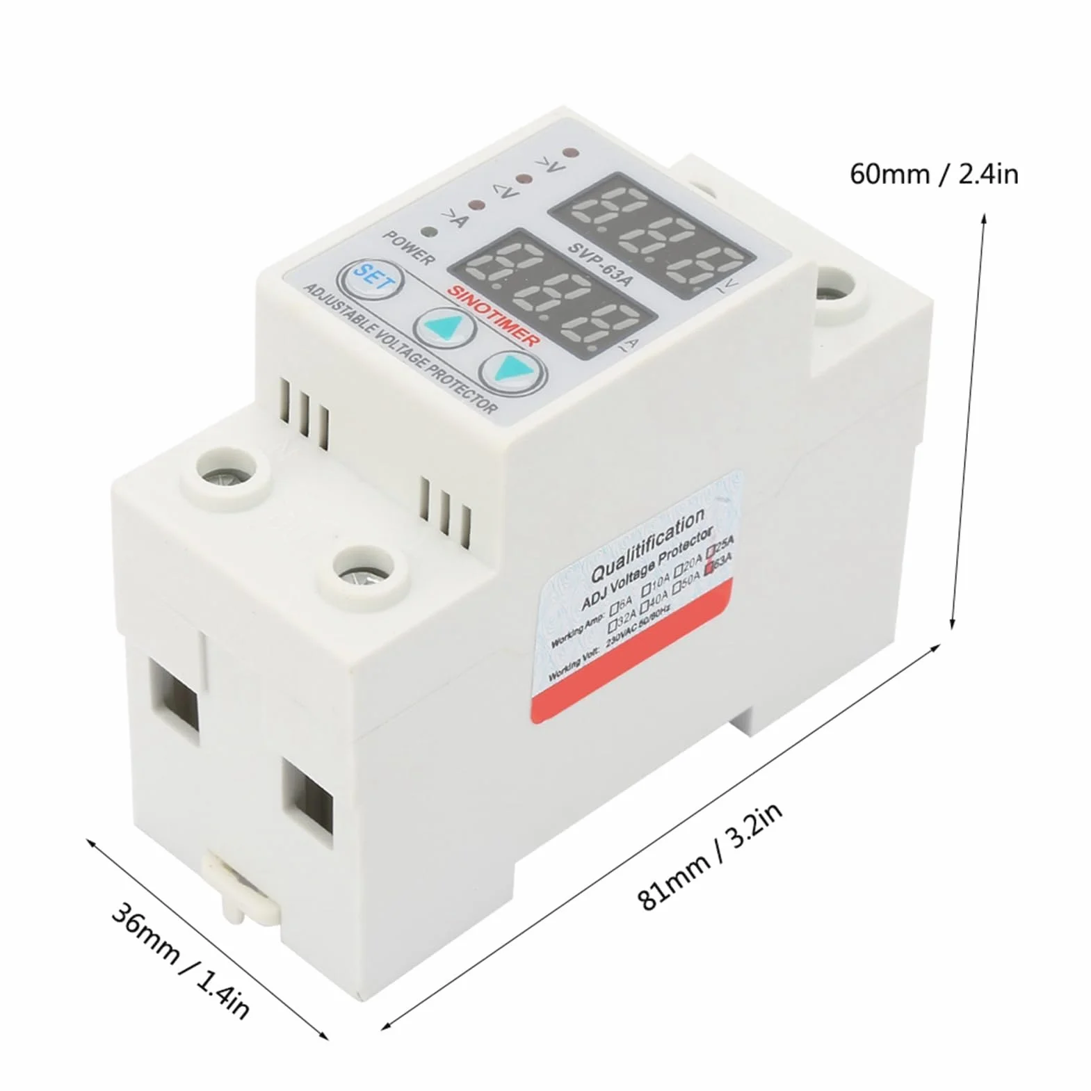 AC230V 63A Protezione Corrente di Tensione per Dispositivo di Protezione Sovratensione/Sottotensione Doppio Display a LED Protezione Monofase a Bassa Tensione Installazione su Guida DIN