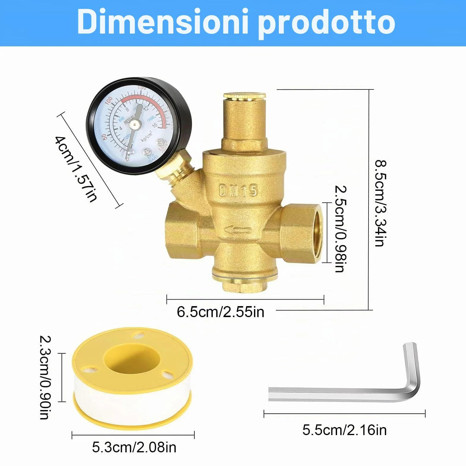 Regolatore di Pressione Acqua 1/2 pollice DN15 Ottone, Riduttore con Manometro