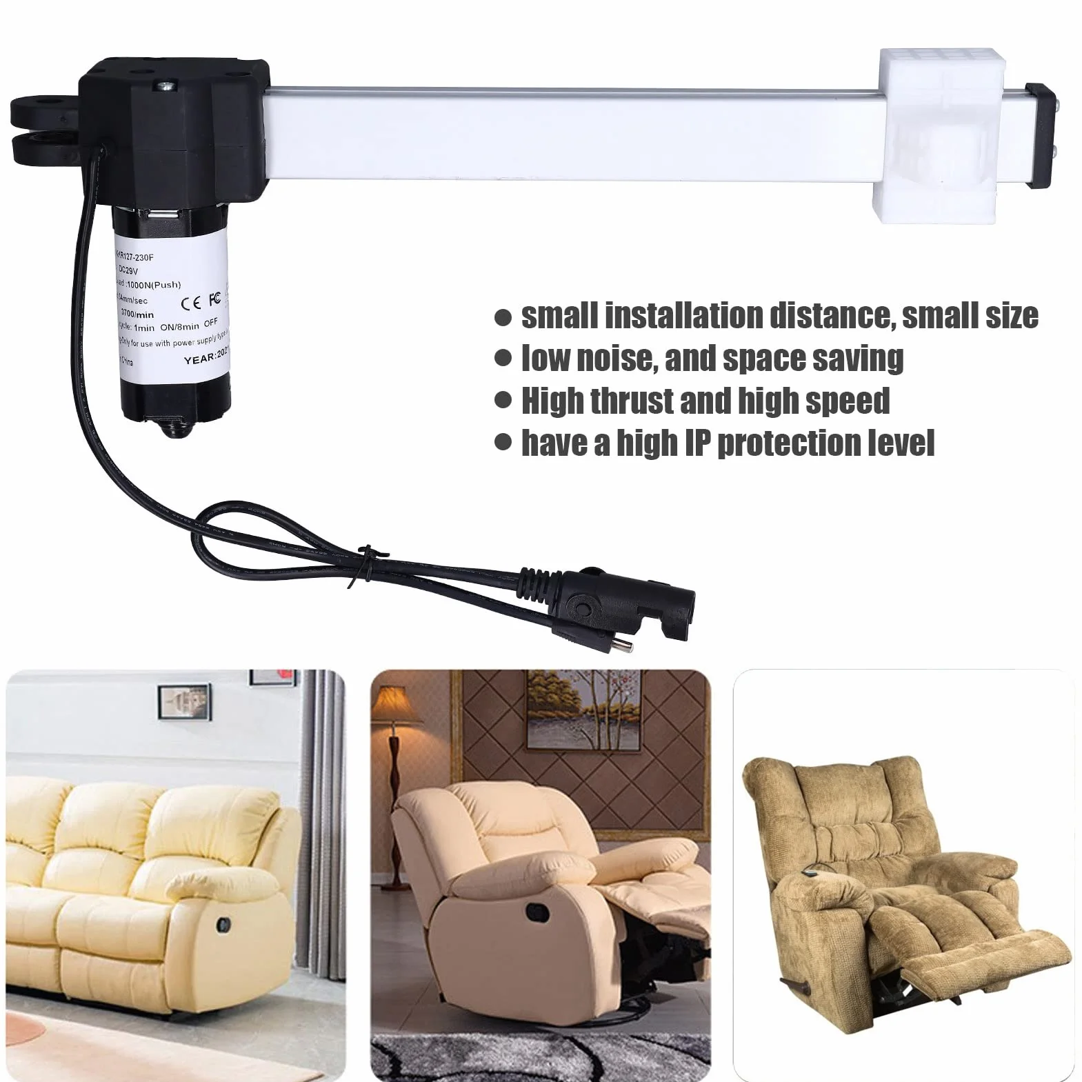 Buachois Attuatore Lineare,DC 29V 230mm Corsa Attuatore Lineare con Clip di Fissaggio 1000N Carico Massimo Motore Telescopico Lineare Elettrico per Divano Letto Elettrico Reclinabile