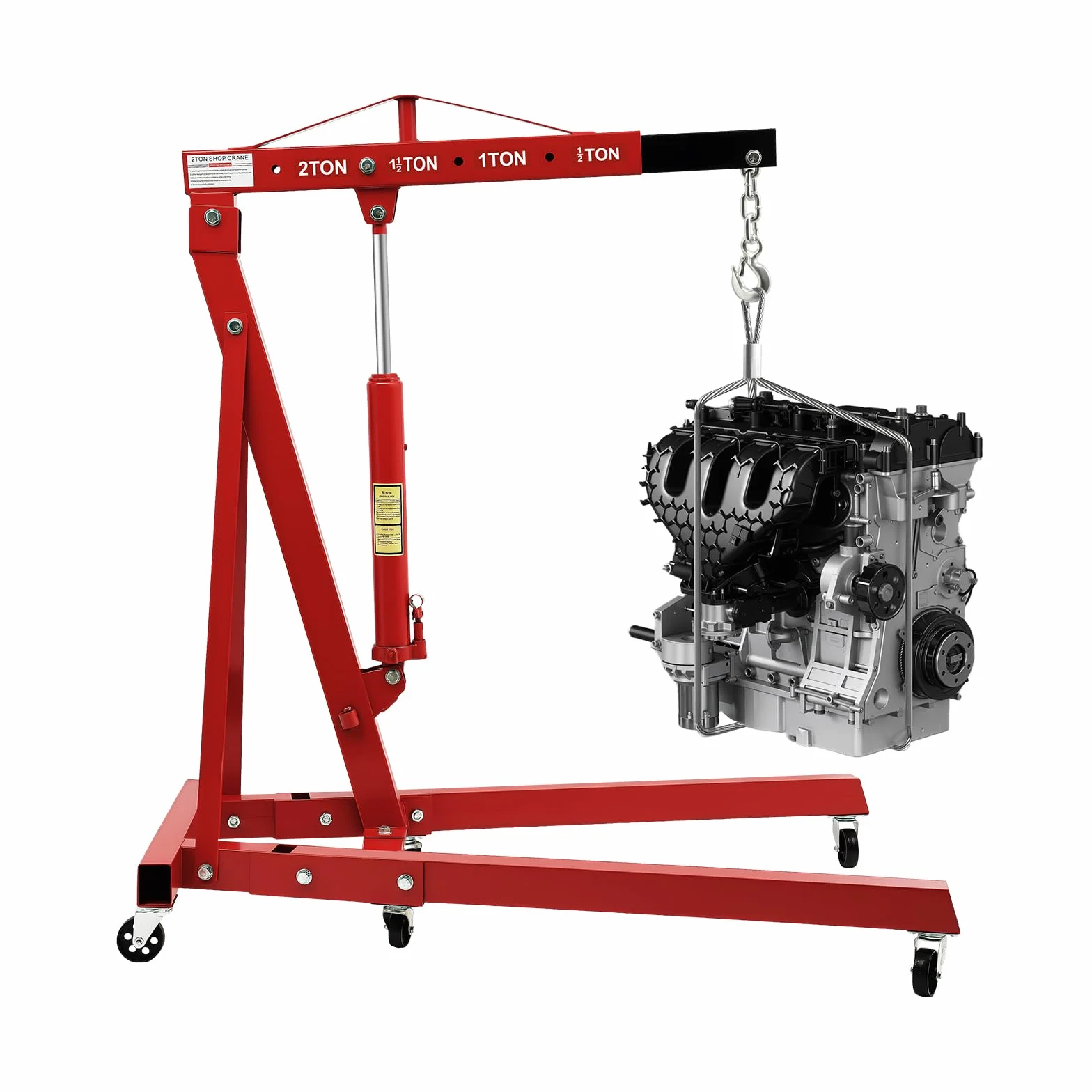 Gru da officina pieghevole con 4 posizioni regolabili, 2000 kg, sollevatore motore in acciaio al carbonio, 6 ruote in ferro, distanza massima 210 cm, colore rosso (spedizione in 2 pezzi)