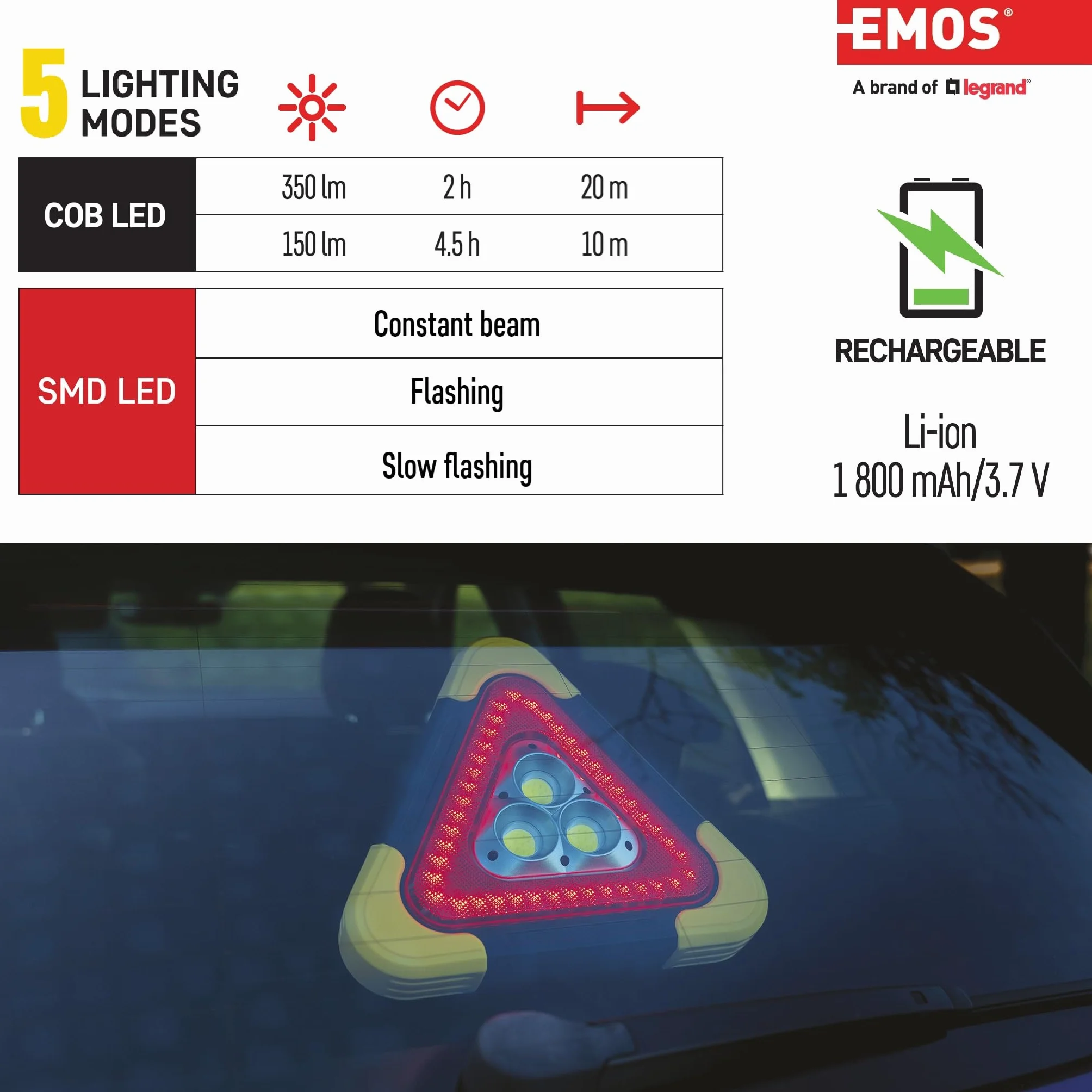 EMOS - Triangolo di avvertimento LED ricaricabile con 5 modalità di illuminazione incluse batteria e cavo di ricarica USB - Lampada di emergenza multifunzione con funzione power bank e indicatore LED
