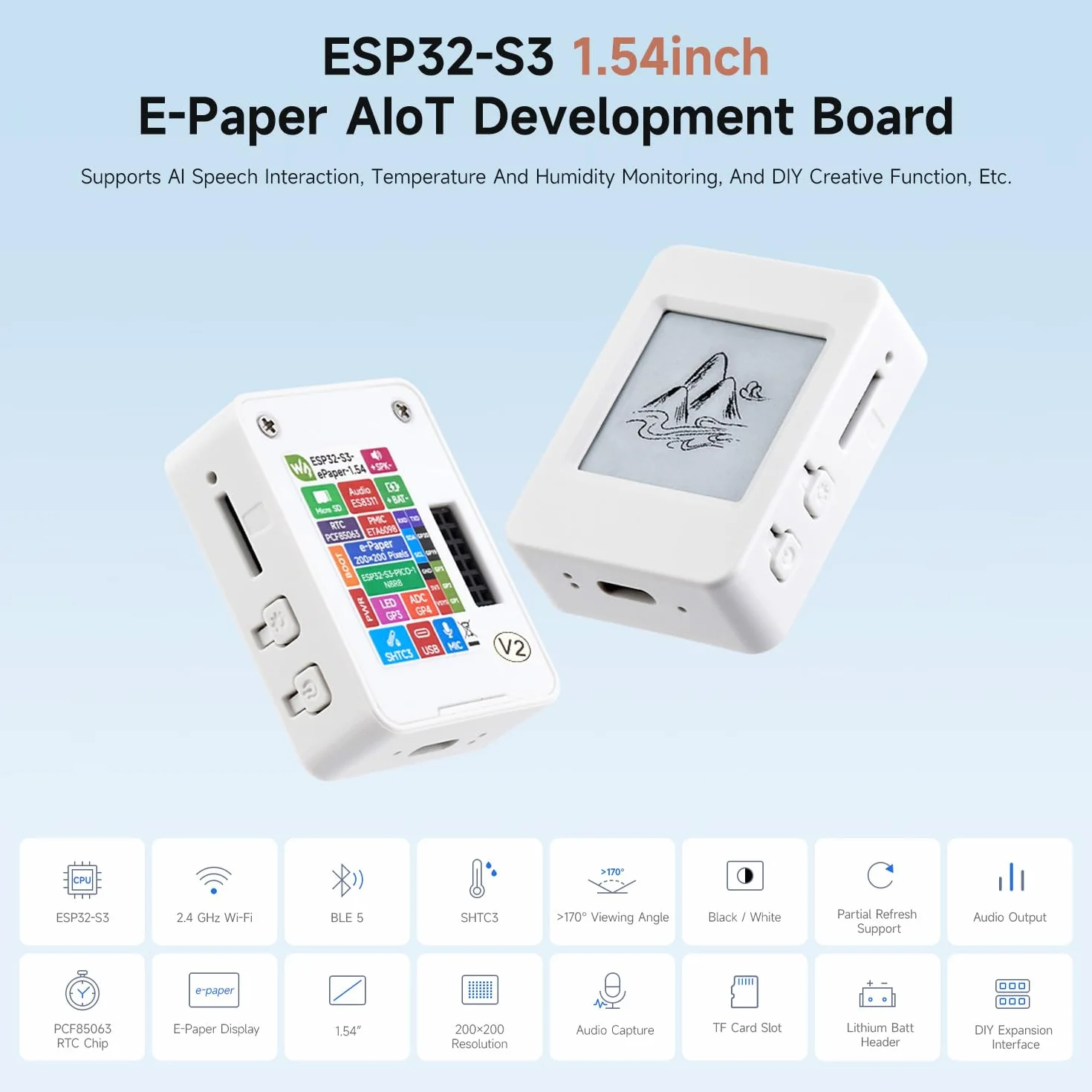 Waveshare ESP32-S3 1.54inch e-Paper AIoT Development Board, 200 × 200, Black/White, Supports Wi-Fi and BLE Dual-Mode Communication, with Touch Function, NO BAT