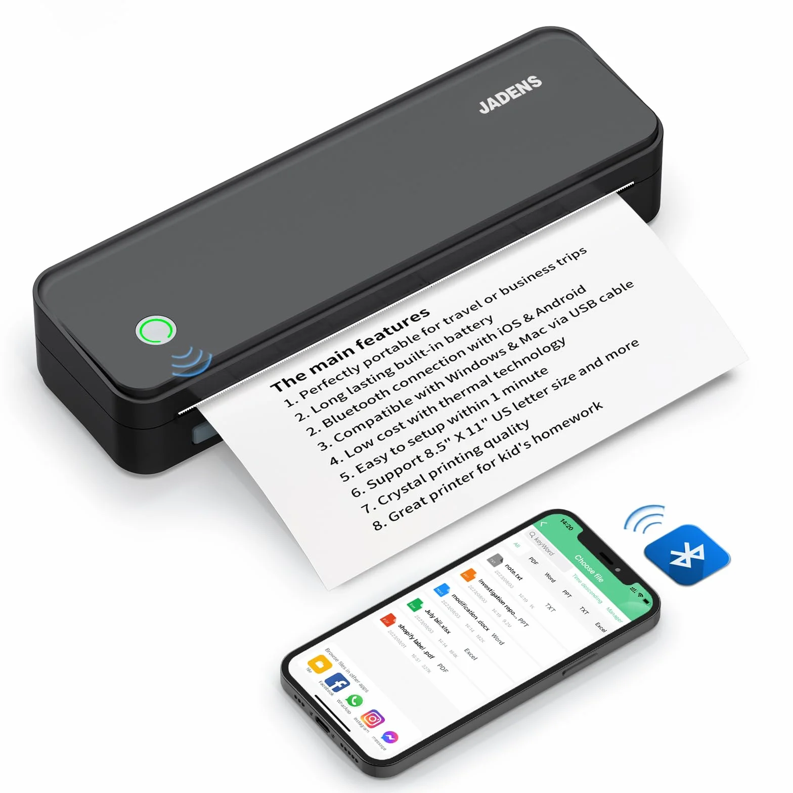 JADENS Stampante termica portatile, supporta 210 x 297 mm A4, stampante portatile Bluetooth A4, compatibile con Android e iOS per viaggi e laptop