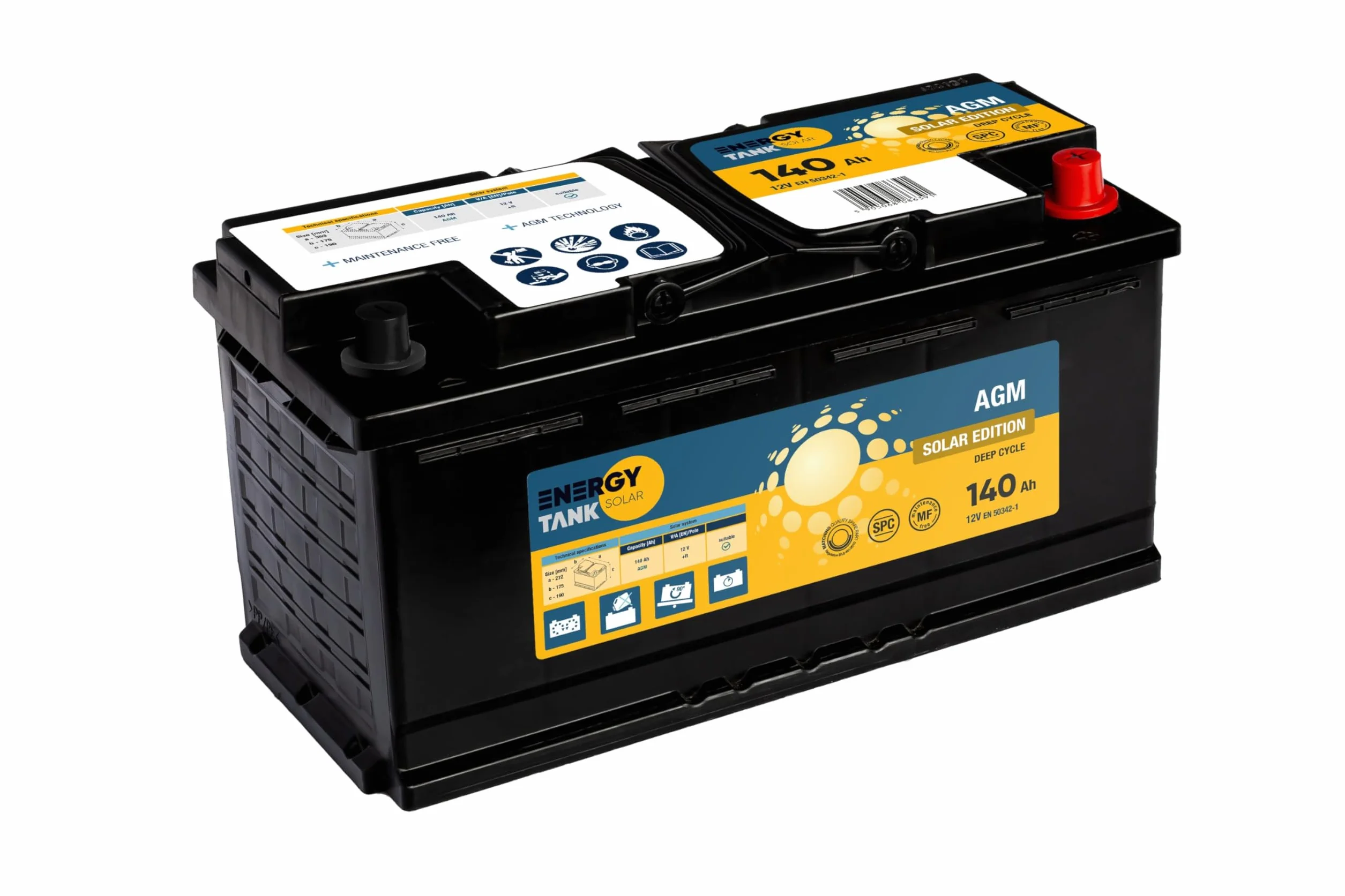 EnergyTank Batteria AGM Solare a Scarica Lenta 12 V 140Ah per Camper, Barca e Servizi – Senza Manutenzione, Anti-vibrazioni, Sicura per Interni, Lunga Durata